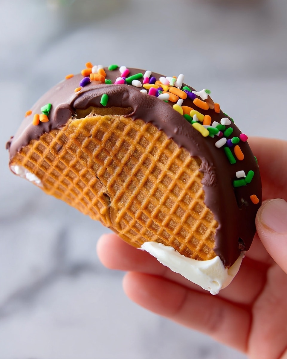The image shows a close-up of a hand holding a half-circle waffle cookie sandwich. The sandwich has three layers: a light brown waffle layer with a grid pattern on the outside, a thin white cream layer partially visible between the waffles at the bottom, and a thick smooth layer of chocolate coating on the top edge of the waffle, decorated with small colorful sprinkles in green, orange, white, purple, and pink. The background is softly blurred with a white marbled texture, making the snack the main focus. Photo taken with an iphone --ar 4:5 --v 7