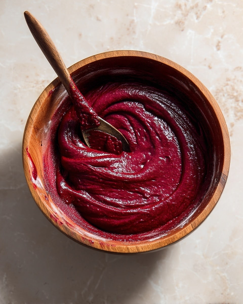 A wooden bowl filled with thick, smooth dark red batter that has a shiny texture, spread inside the bowl with some batter sticking to the sides. The bowl sits on a white marbled texture surface, and the batter appears well mixed with a deep rich color. The lighting highlights the batter's glossy and dense look, showing some gentle swirls from stirring. photo taken with an iphone --ar 4:5 --v 7