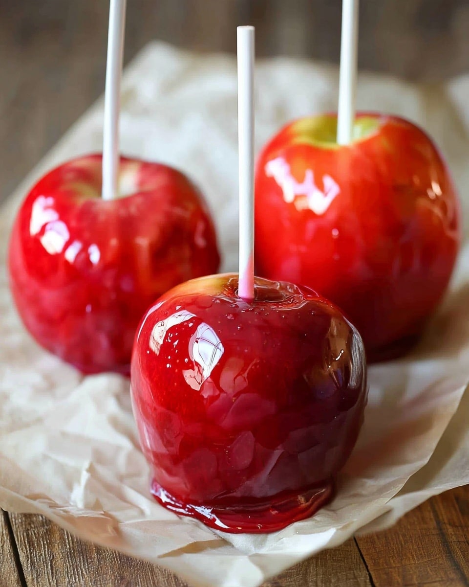 The image shows three bright red candy apples with a shiny, smooth candy coating that reflects light well. Each apple has a white stick inserted at the top center, acting as a handle. The apples have a round shape with patches of yellow near the tops, beneath the candy layer. They are placed on crinkled light brown paper, which rests on a wooden surface. The overall look is glossy and vibrant, highlighting the sweet candy layer that slightly pools at the base of the front apple to create a thicker layer. Photo taken with an iphone --ar 4:5 --v 7