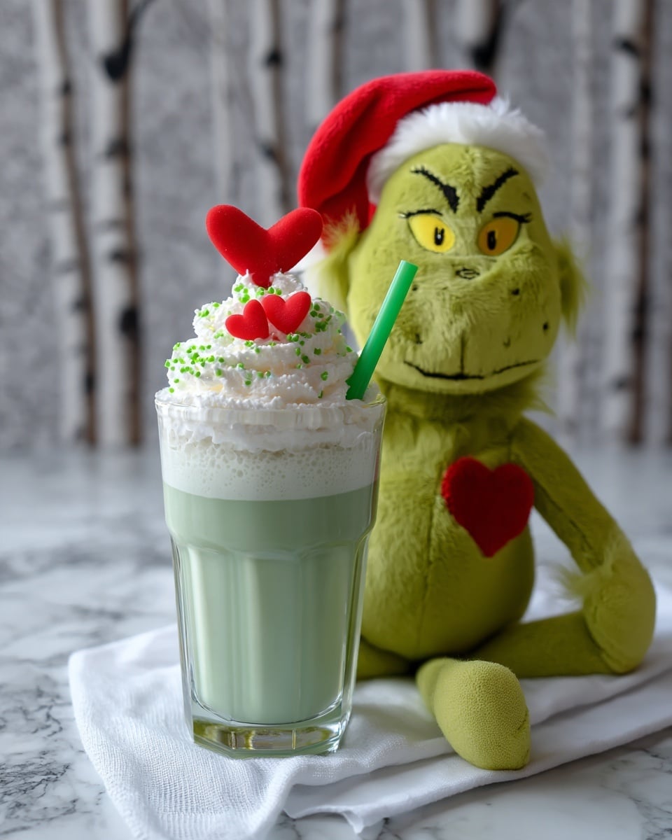 A clear glass cup filled with a light green drink sits in front. On top, there is a thick layer of white whipped cream with small green sprinkles and two small red heart shapes. A green straw is placed on the right side, coming out from the whipped cream. Behind the drink, a green plush toy with a red Santa hat and a red heart on its chest is sitting on a white cloth. The background shows a white marbled surface with blurred birch trees. Photo taken with an iphone --ar 4:5 --v 7
