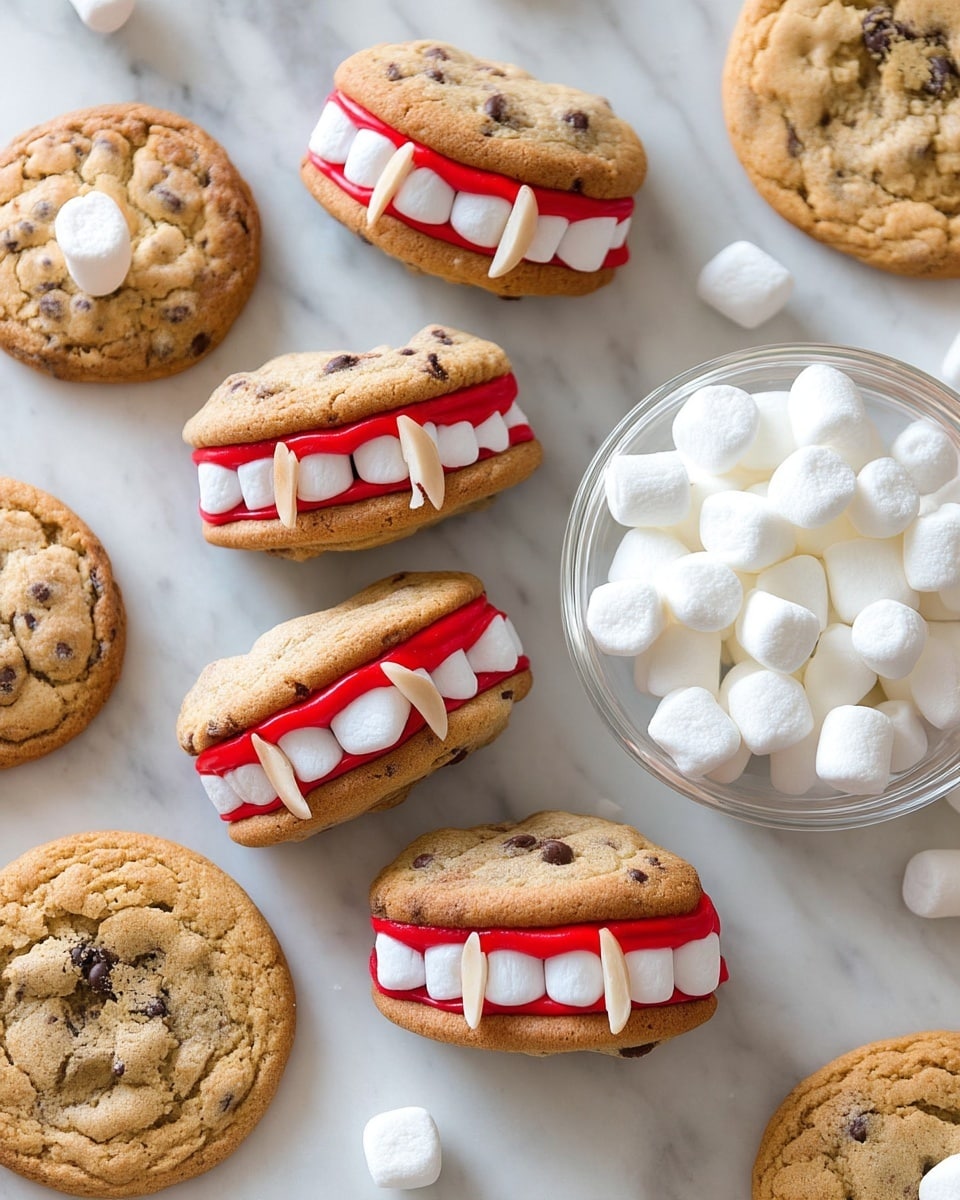 The image shows multiple chocolate chip cookies arranged on a white marbled surface. Some cookies are normal, round, and flat with a golden brown color and visible chocolate chips. Others are sandwiched in pairs with a filling made of bright red icing at the bottom, a row of white mini marshmallows forming teeth in the middle, and two almond slivers placed as vampire fangs sticking out between the marshmallows. A clear glass bowl filled with more white mini marshmallows sits on the right side, with a few marshmallows scattered on the white marbled surface nearby. photo taken with an iphone --ar 4:5 --v 7