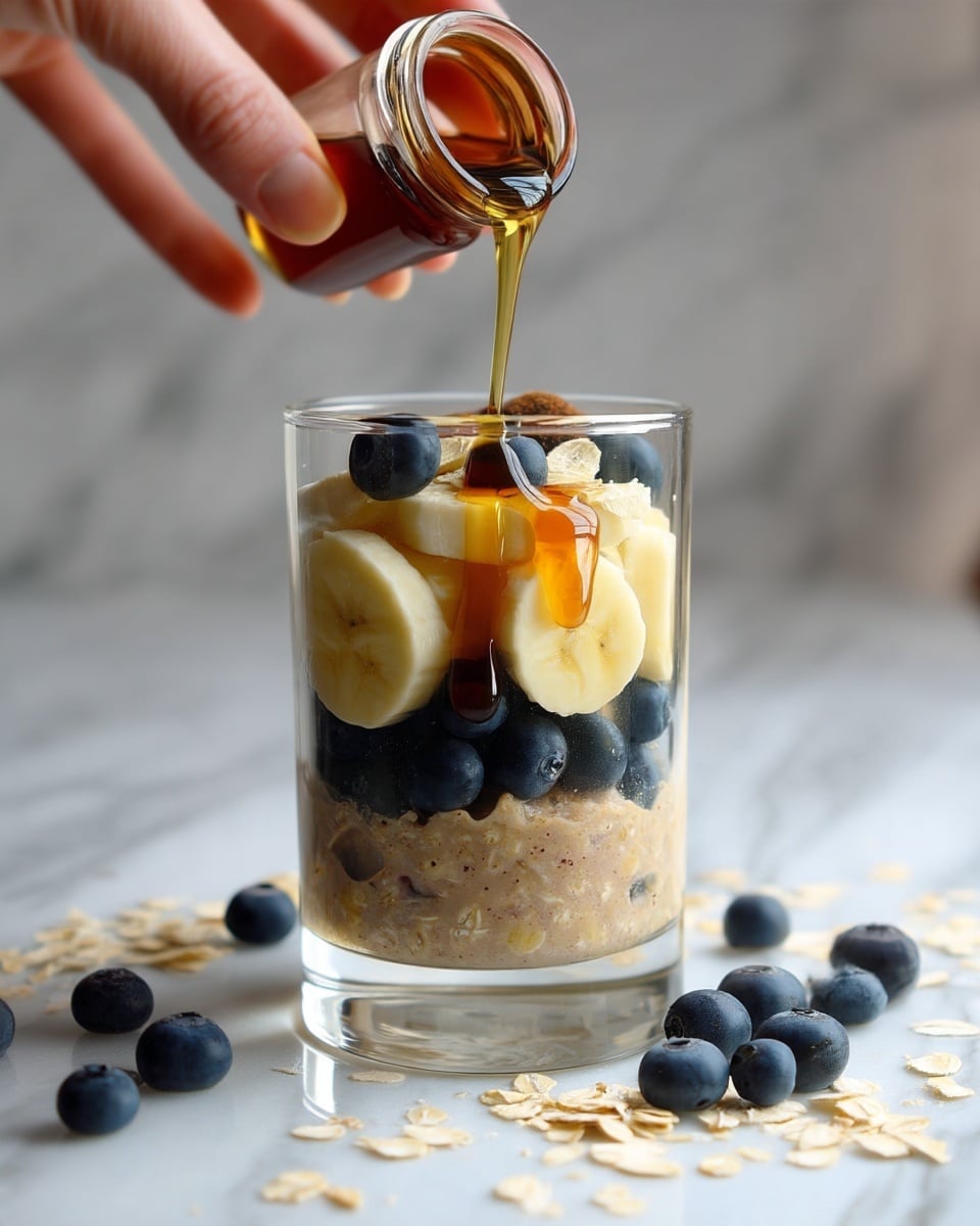A clear glass filled with three main layers: the bottom and middle layer is thick oatmeal that is light brown with small bits inside; the top layer has sliced pale yellow banana pieces and round dark blue blueberries scattered over it, with some light beige oat flakes sprinkled on top. A woman's hand is pouring golden syrup from a small glass jar over the fruit, while a white marble background shows loose oats and blueberries around the glass. Photo taken with an iphone --ar 4:5 --v 7