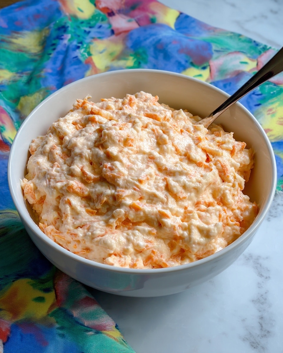 A large white bowl filled with a thick, creamy mixture that has a pale orange color with small chunks throughout, giving it a textured and slightly lumpy appearance. A metal spoon is partially inserted on the right side of the bowl. The bowl sits on a colorful cloth with blue, green, pink, and yellow hues, but the surface beneath the bowl is a white marbled texture. The lighting is natural, showing slight shadows and highlights on the creamy mixture. photo taken with an iphone --ar 4:5 --v 7