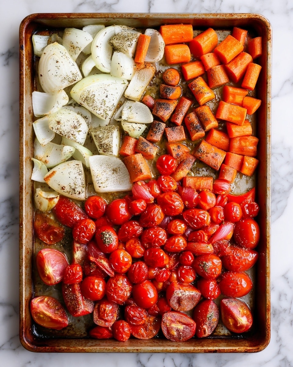 This image shows one layer of roasted vegetables on a baking tray over a white marbled surface. The top left section has chopped white onions with a slightly browned texture and sprinkled with dried herbs. The top right section contains roasted carrot pieces, cut into chunks with a bright orange color and black seasoning on top. The bottom half of the image features a mix of roasted cherry tomatoes, some whole and some halved, in rich red colors with shiny wrinkled skins, all seasoned with small bits of herbs and black pepper. The vegetables look juicy and well-cooked, with a mix of textures from soft to slightly crispy. Photo taken with an iphone --ar 4:5 --v 7