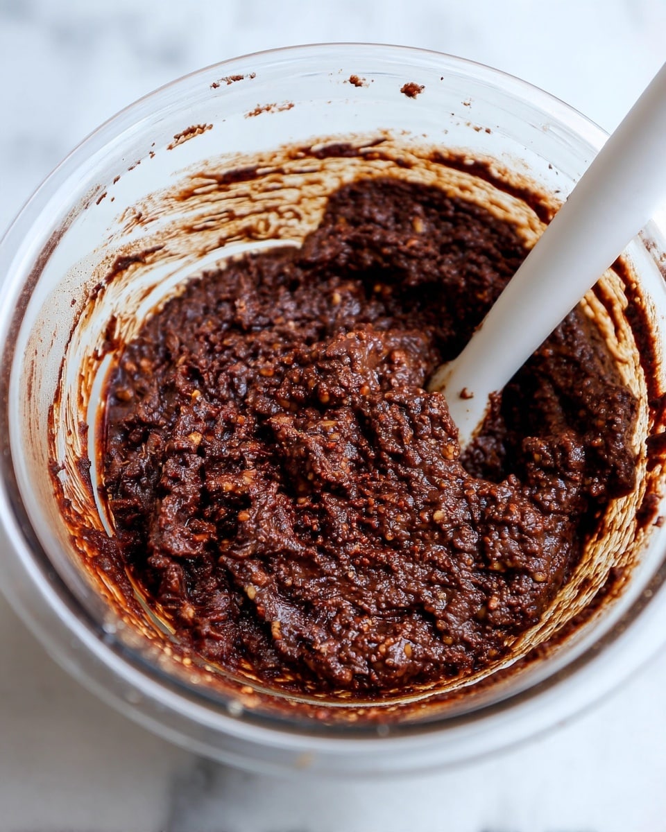 A close-up view of a thick, dark brown mixture with a coarse texture filled with small nut-like bits, contained in a clear bowl. The sides of the bowl have streaks of the mixture showing a creamy, spreadable consistency, while the center appears more solid and dense. The bowl is set against a white marbled background, and a white spatula is partially visible, scooping or mixing the thick paste. Photo taken with an iphone --ar 4:5 --v 7