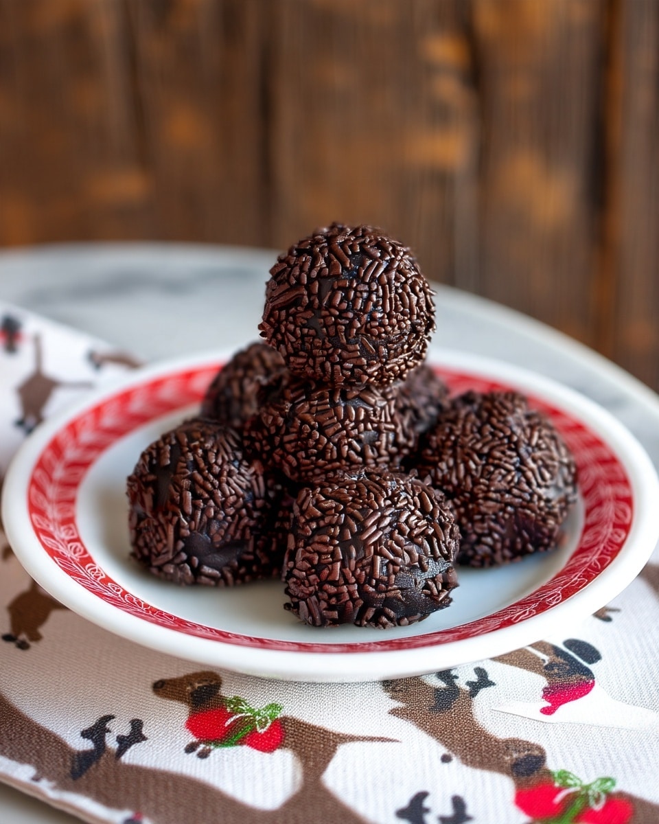 The image shows a white plate with a red patterned rim holding six round chocolate balls arranged in a pyramid shape. Each ball is fully covered with small, dark brown chocolate sprinkles, giving them a rough texture. The plate sits on a white marbled surface with a cloth underneath that has a colorful dog pattern. The background is blurred brown wood, making the chocolate balls stand out clearly. photo taken with an iphone --ar 4:5 --v 7