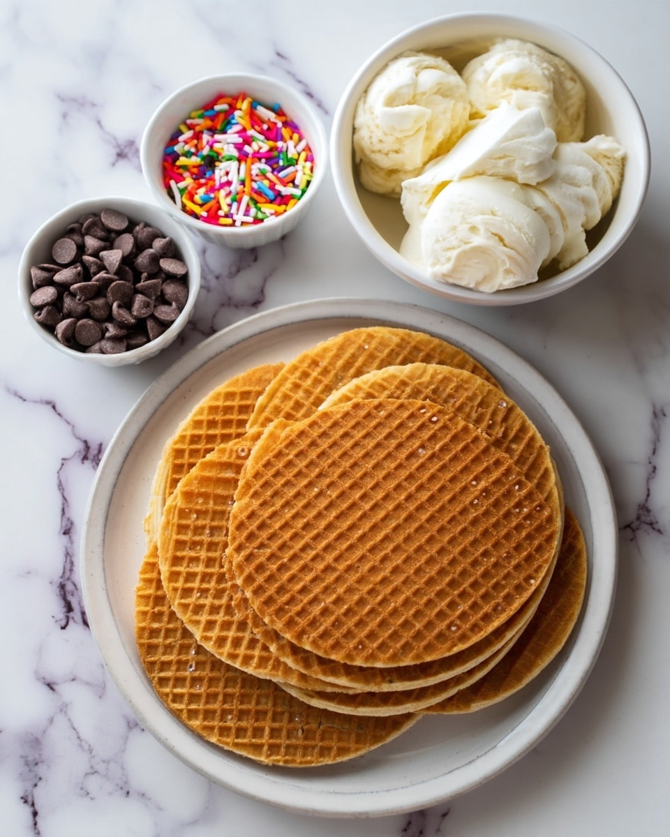 Four round thin waffles with a golden brown color and a grid pattern are stacked on a white plate, placed on a white marbled surface. To the right, there are three small white bowls arranged in a triangle shape: one bowl filled with cream-colored ice cream scoops, another with small dark brown chocolate chips, and the smallest bowl containing colorful rainbow sprinkles. The bowls and plate form a neat cluster, all on the white marbled background. photo taken with an iphone --ar 4:5 --v 7