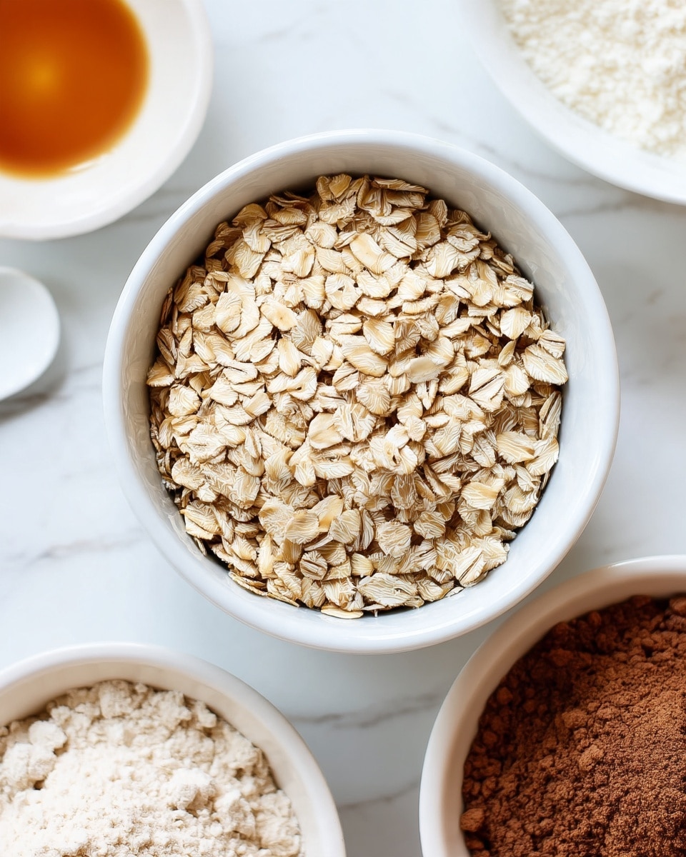 A close-up image showing a white bowl filled with dry rolled oats, surrounded by smaller white bowls containing different ingredients including a light brown liquid, a white powder, and a brown powder, all set on a white marbled surface. The oats in the center bowl show a rough texture with beige and light brown tones, and the smaller bowls are partially visible around it, each holding finely textured ingredients of different colors. photo taken with an iphone --ar 4:5 --v 7