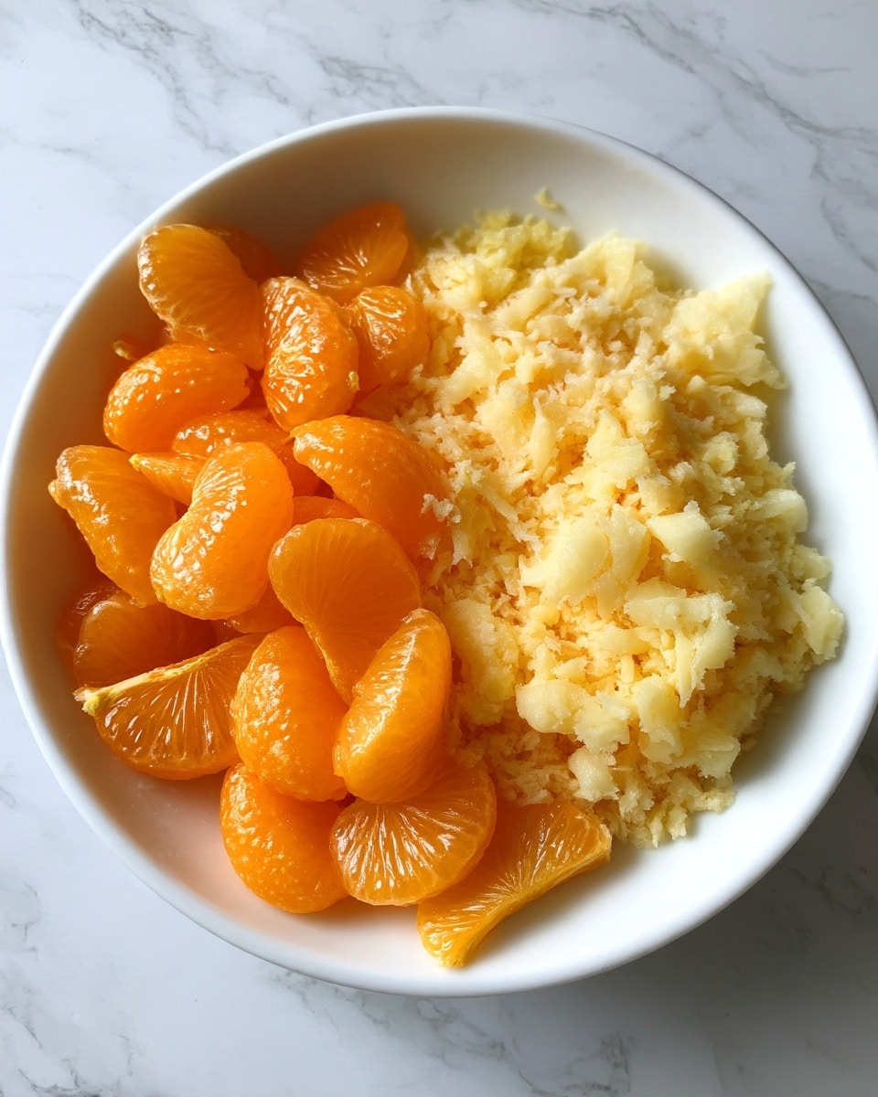 A white bowl contains two distinct layers of fruit separated side by side: on one side are bright orange mandarin segments with a shiny, smooth texture, while on the other side is a pale yellow, finely crushed fruit that looks soft and moist with small chunks. The bowl sits on a white marbled surface. photo taken with an iphone --ar 4:5 --v 7