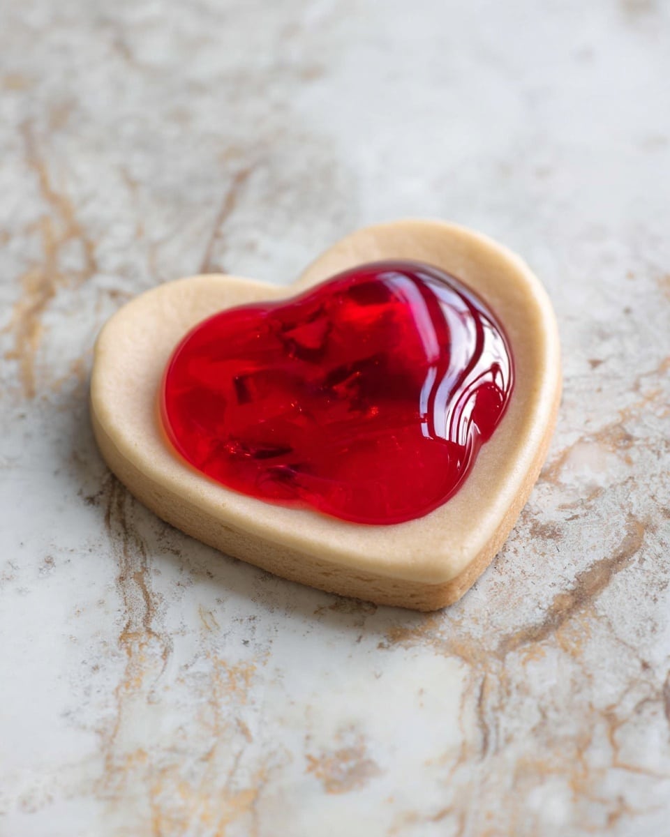 A single heart-shaped cookie with a light beige base layer is topped with a glossy bright red jelly filling in the center. The cookie is placed on a white marbled surface that has a rustic, slightly worn look with gray and brown streaks. The jelly layer appears thick and shiny with some reflections of light, creating a wet and smooth texture inside the soft cookie shape. Photo taken with an iphone --ar 4:5 --v 7