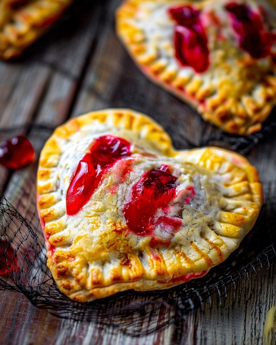 A heart-shaped pie lays flat with a golden-brown crust that has a slightly rough texture and edges pressed down with fork marks. It has two bright red jelly spots on top that are shiny and slightly translucent, making the pie look warm and fresh. The pie rests on a piece of black mesh fabric, all set on a wooden surface showing natural textures and grain. Another similar pie is blurred in the background. photo taken with an iphone --ar 4:5 --v 7