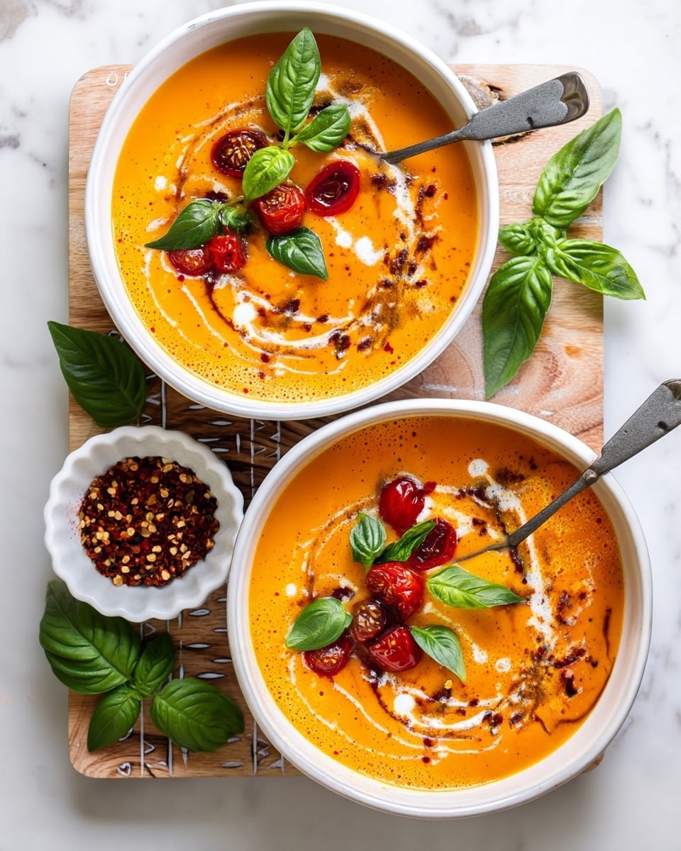 The image shows two white bowls of creamy orange soup placed on a white marbled surface, with the bowl on top resting on a wooden board with white geometric line patterns and fresh green basil leaves. Each soup bowl features swirls of white cream mixed into the orange soup, scattered red chili flakes, and roasted cherry tomatoes along with green basil leaves on top. A vintage silver spoon is placed inside the top bowl, and beside the bowls, there are two small white dishes: one containing a mix of speckled seasoning and the other filled with red chili flakes. Photo taken with an iphone --ar 4:5 --v 7