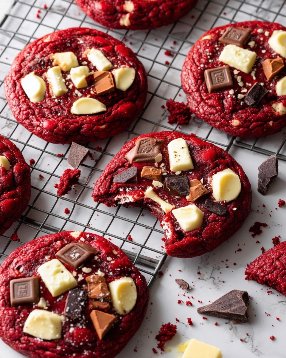 There are several red velvet cookies with a rich, deep red color and soft, slightly cracked texture. Each cookie is topped with chunks of white and milk chocolate embedded on top, with pieces unevenly spread across the surface. One cookie is partially eaten, showing a soft, moist inside, and all cookies rest on a white marbled surface, some on a black wire cooling rack. Crumbs and broken chocolate pieces are scattered around, adding a casual, homemade feel. Photo taken with an iphone --ar 4:5 --v 7