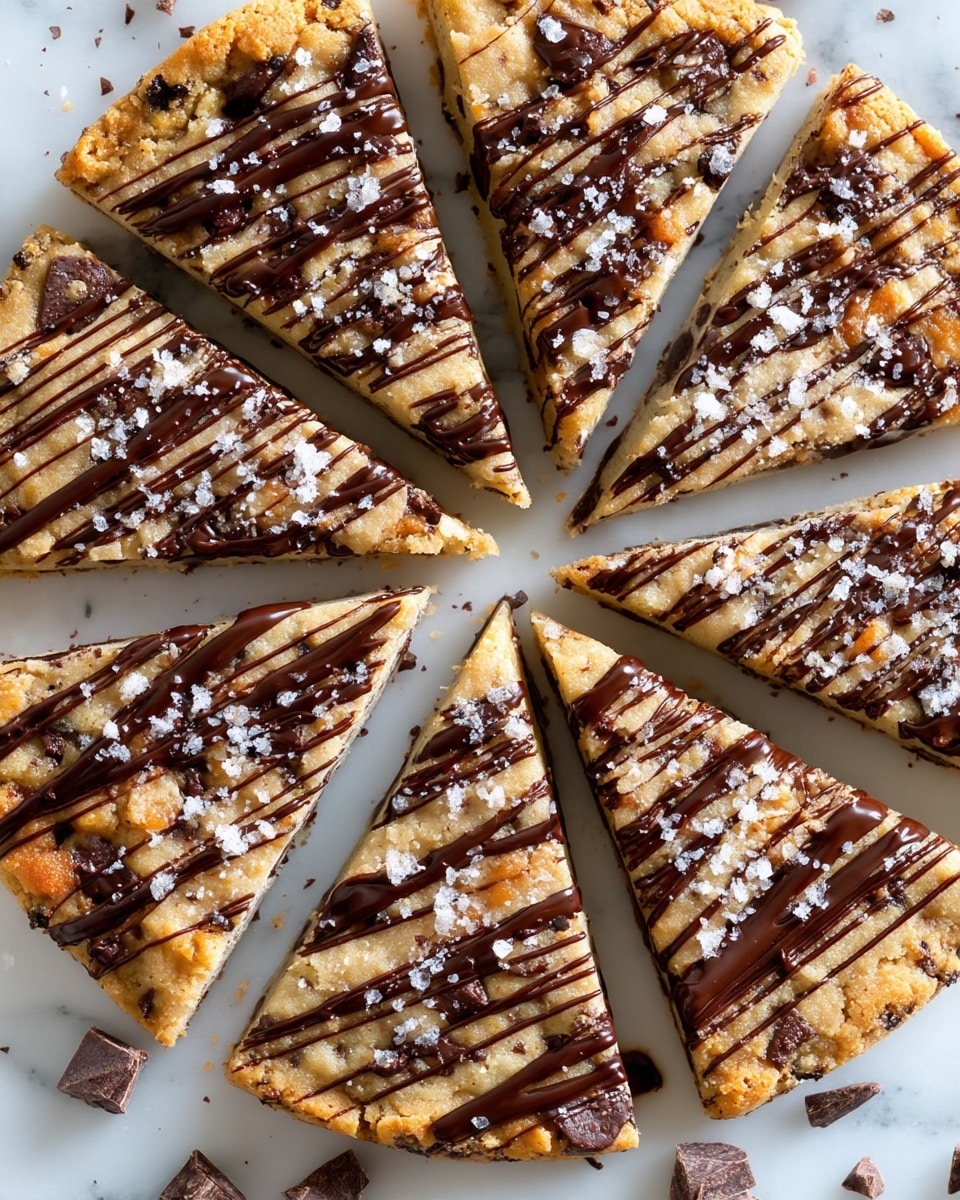 A round cookie pizza sliced into eight thin triangular pieces, each slice showing a thick, soft-looking beige base filled with dark chocolate chunks, and topped with thin, irregular dark chocolate drizzle lines and coarse salt flakes scattered on top, all resting on a white marbled surface with small chocolate pieces around. photo taken with an iphone --ar 4:5 --v 7