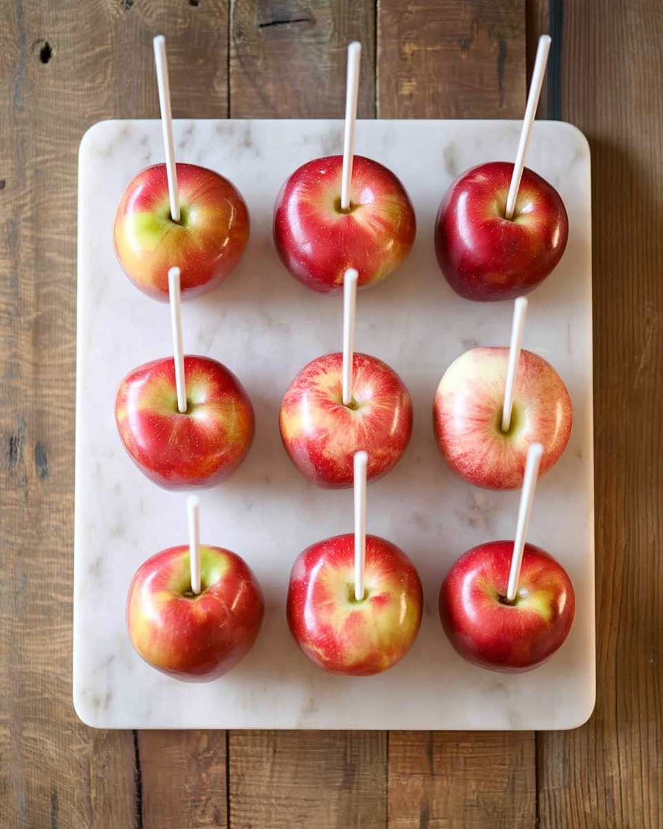 Eight red and yellow apples are placed on a white apple-shaped marble board, each with a white stick inserted into the top center. The apples have shiny, smooth skins with a mix of red and yellow patches. The white marble board is positioned on a wooden surface with visible grain and some darker marks. The sticks are evenly spaced, standing straight up from each apple. photo taken with an iphone --ar 4:5 --v 7