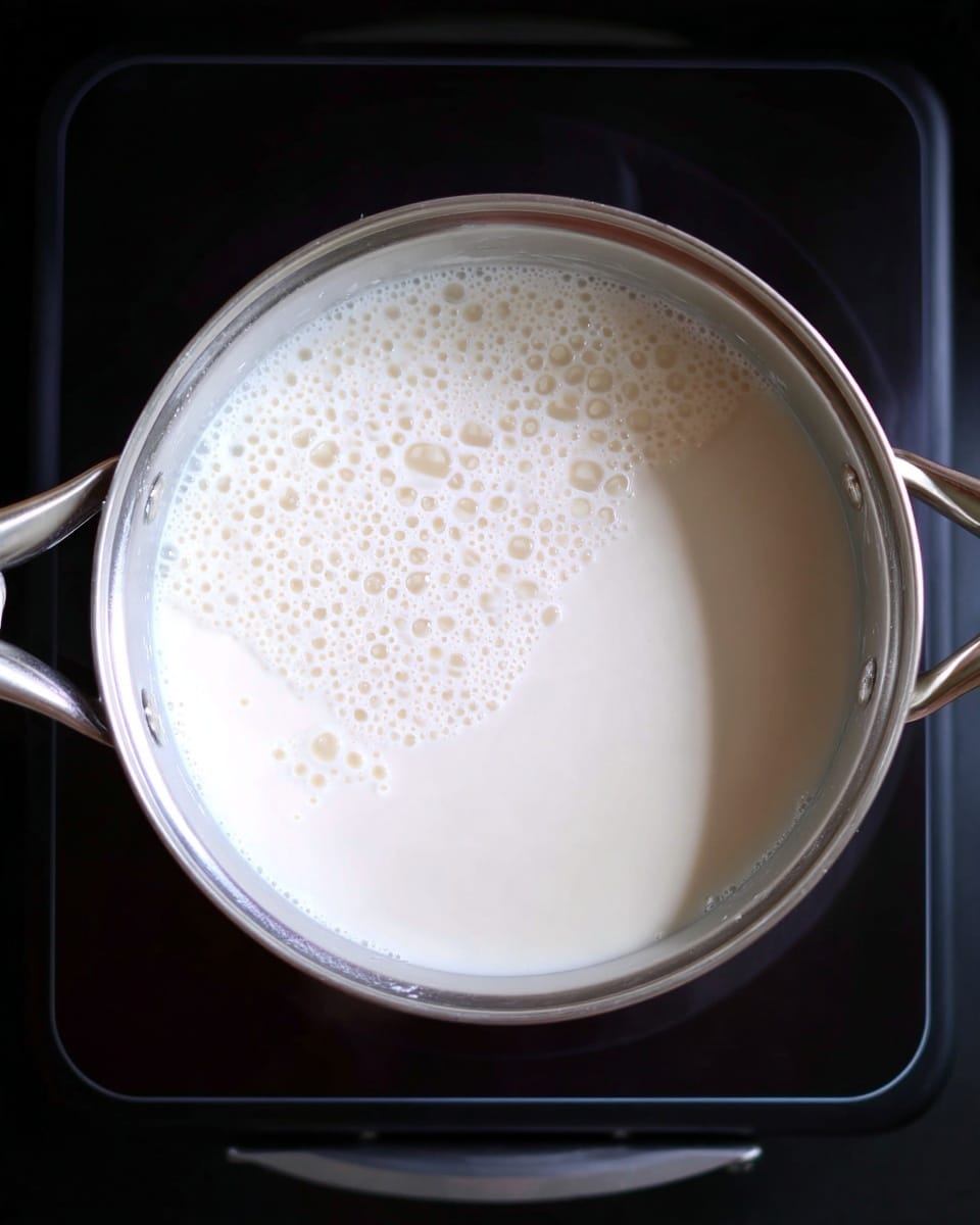 The image shows a top view of a silver pot filled with smooth, white liquid with small bubbles on the surface. The pot has two silver handles visible on the left side, and it sits on a black stovetop. The liquid inside appears uniform and creamy, covering the entire inside of the pot without any other visible ingredients or colors. photo taken with an iphone --ar 4:5 --v 7