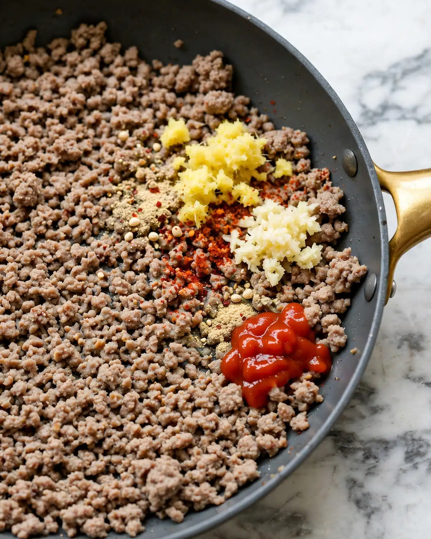 A close-up view of a pan filled with cooked ground meat that is light brown and crumbly in texture, forming the main base layer. On top of this meat, there are small piles of finely grated yellow ginger and garlic positioned near the center-right of the pan, and a small blob of bright red sauce near the bottom-right. Additionally, there are sprinkles of darker red chili powder and light beige granulated spices scattered between the ginger and the sauce. The pan is dark gray with a golden handle and sits on a white marbled surface. photo taken with an iphone --ar 4:5 --v 7