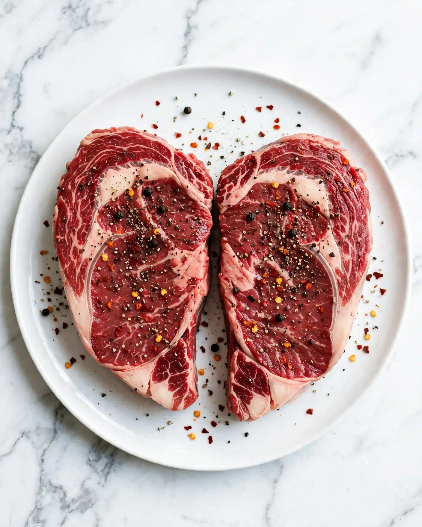 Two raw steak pieces rest on a white plate placed on a white marbled surface. The steaks are thick and red with some white fat marbling. Both pieces are covered in a layer of coarse cracked black pepper and red chili flakes scattered across their surfaces and around on the plate. The lighting is bright and even, showing the texture of the meat clearly. photo taken with an iphone --ar 4:5 --v 7