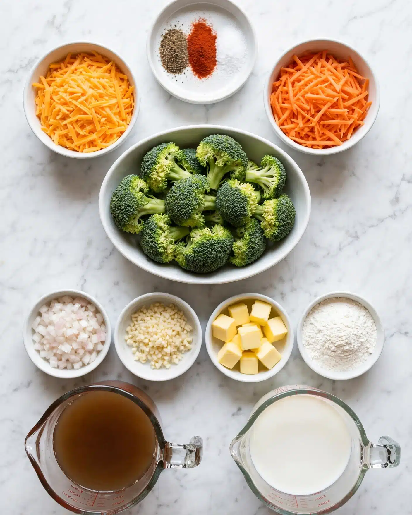 In the image, there is a white oval bowl in the center filled with fresh green broccoli florets. Above it, slightly to the left, is a white bowl filled with bright orange shredded cheddar cheese, and to the right of that is a white bowl with shredded carrots in a lighter orange shade. Near the top center, there is a small white bowl holding three piles of spices with colors of dark brown pepper, bright red paprika, and white salt. Below the broccoli bowl, several small white bowls contain finely chopped onions, minced garlic, cubed yellow butter, and white powder, possibly flour. To the bottom left, there is a clear measuring jug filled with brown broth, and next to it on the right, another clear measuring jug contains white milk. The setup is arranged neatly on a white marbled surface. The photo taken with an iphone --ar 4:5 --v 7