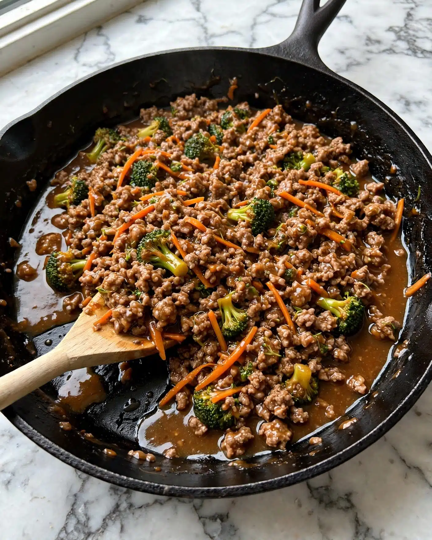 A black cast iron pan is filled with cooked ground meat mixed with small pieces of green broccoli and thin orange carrot strips, all coated in a glossy brown sauce that pools slightly around the edges. A light-colored wooden spoon rests inside the pan, partially under the food, showing the texture and mix of ingredients. The pan is placed on a white marbled surface, and the light brings out the slight shine of the sauce and the varied textures of the cooked vegetables and meat. photo taken with an iphone --ar 4:5 --v 7