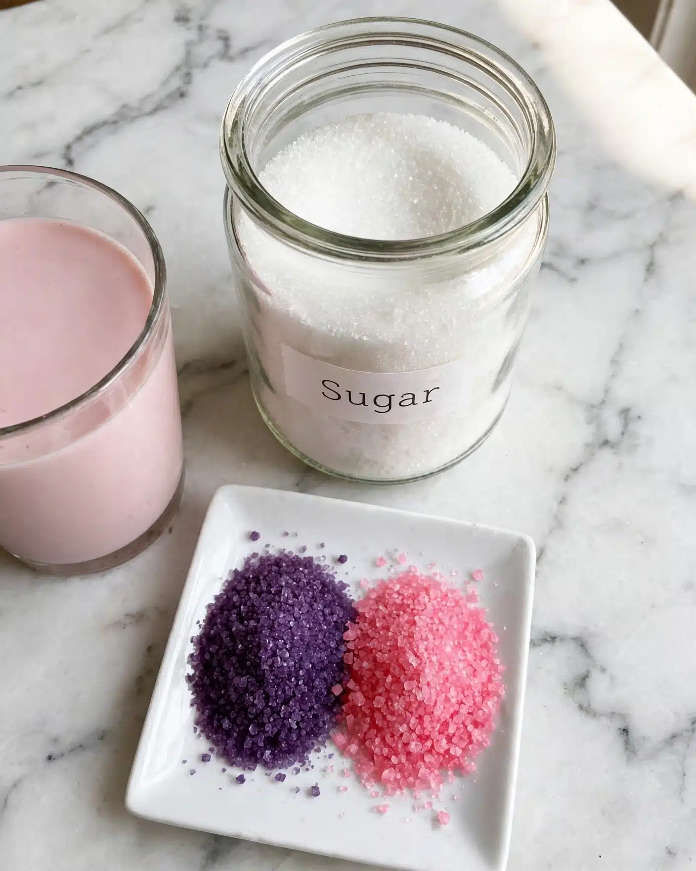 A clear glass jar filled with white sugar labeled 