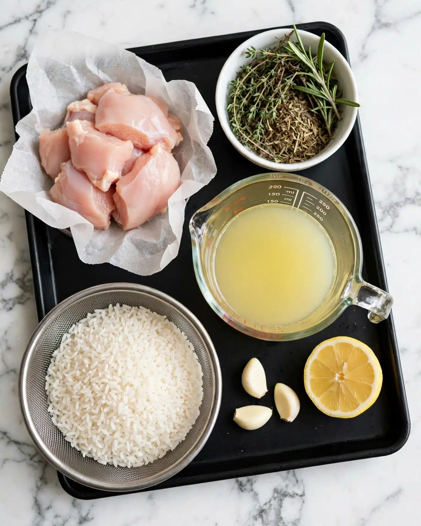 Greek Instant Pot Chicken and Rice Recipe 4 A black tray on a white marbled surface holds raw pieces of pale pink chicken on a white parchment paper in the upper left corner, a small white bowl with green and brown herbs in the upper right corner, and a clear glass measuring cup full of pale yellow liquid in the middle right. Below the cup are three peeled garlic cloves and a lemon half with a bright yellow inside resting on the tray. In the lower left is a round metal strainer filled with rinsed white rice. Photo taken with an iphone --ar 4:5 --v 7