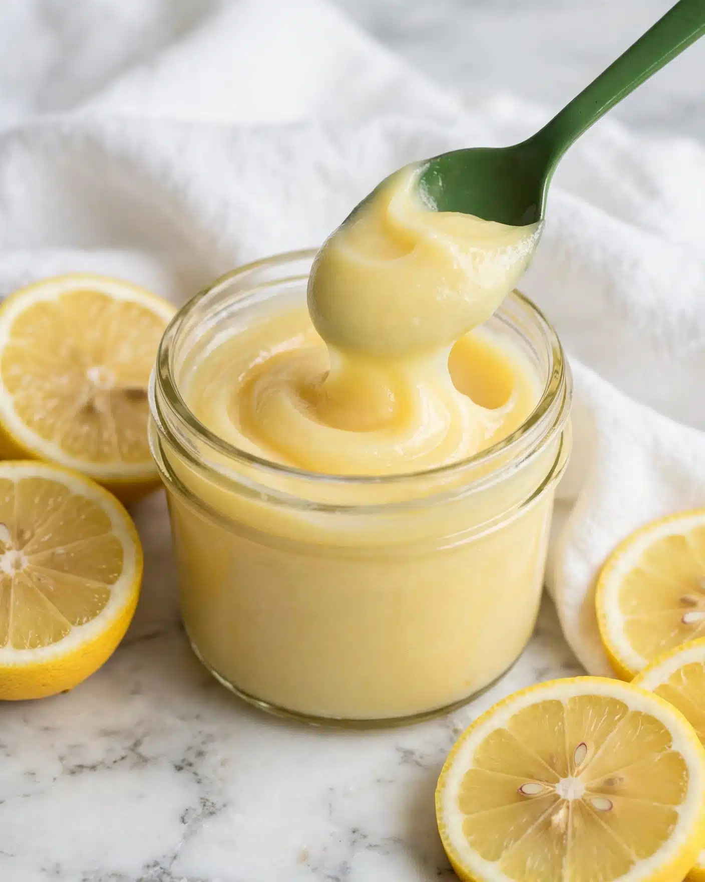 A close-up view of a small clear glass jar filled with smooth, thick pale yellow lemon curd, thick swirls visible on top. A green spoon is dipped into the jar, lifting some lemon curd. Around the jar are several lemon halves and slices showing bright yellow rinds and light yellow juicy flesh. A white cloth is underneath and behind the jar, sitting on a white marbled surface, creating a soft, clean backdrop. photo taken with an iphone --ar 4:5 --v 7