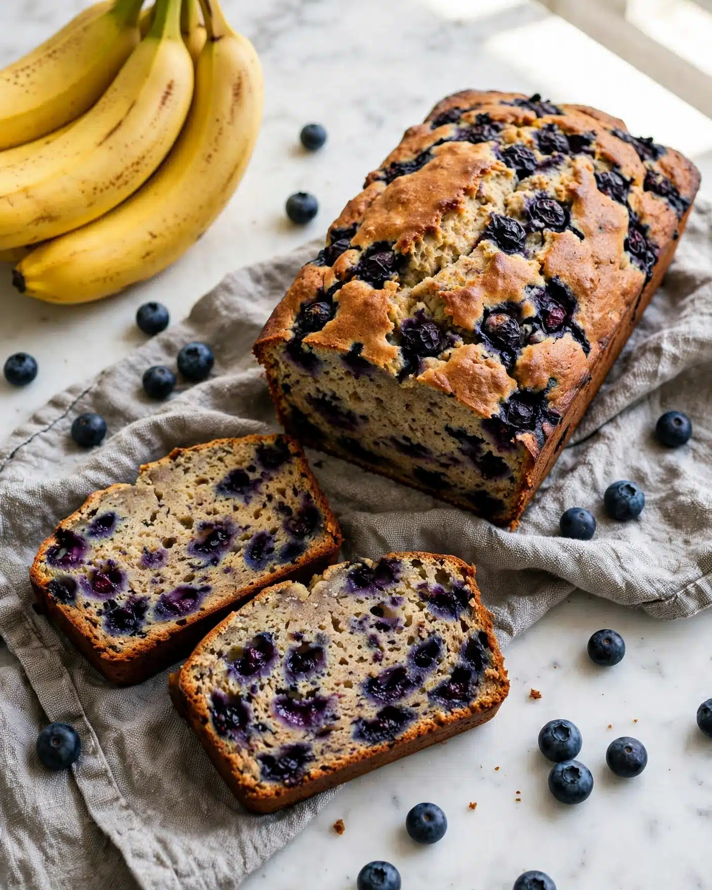 The image shows a loaf of blueberry banana bread placed on a white marbled surface covered partially by a piece of coarse cloth. The bread is golden brown with visible blueberries baked into the top and edges. Two thick slices are cut and lying in front of the loaf, showing the soft inside with many blueberries scattered within, giving purple and dark blue spots against the light brown bread. Fresh blueberries are scattered around the bread on the cloth and surface, and a bunch of ripe yellow bananas is visible in the upper left corner. The whole scene has a natural, cozy feel with simple and fresh ingredients around. photo taken with an iphone --ar 4:5 --v 7
