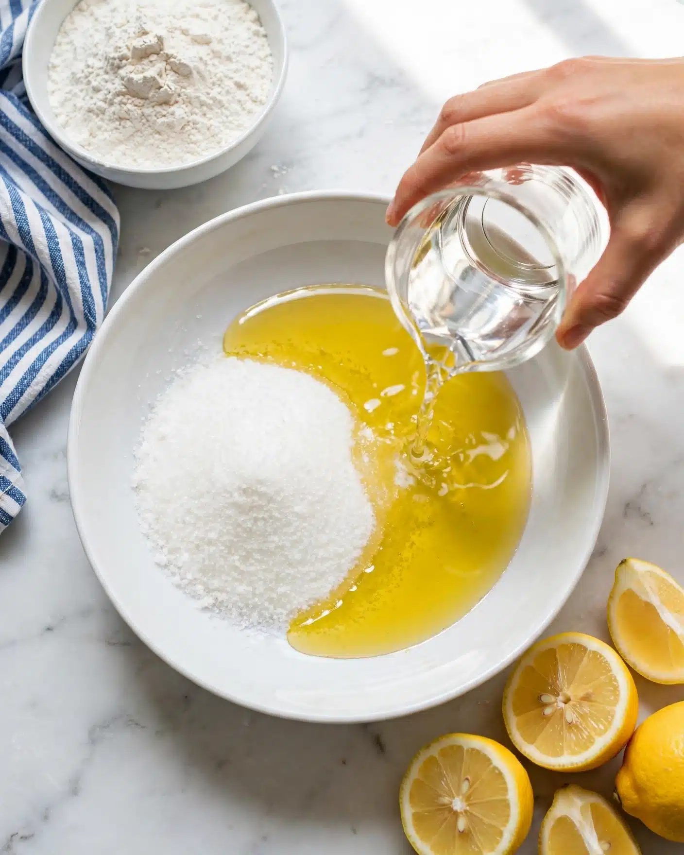 Lemon Pound Cake with Lemon Glaze Recipe 4 A white bowl placed on a white marbled surface contains three visible layers: a pile of white granulated sugar on the left, a pool of yellow liquid oil spread over the sugar, and a smaller clear liquid being poured from a glass cup by a woman's hand into the oil on the right side. Surrounding the bowl are halved and quartered yellow lemons at the bottom right, a bowl filled with white flour at the top left, and a blue and white striped cloth near the flour bowl. The scene is bright and clean with a focus on the pouring action. photo taken with an iphone --ar 4:5 --v 7