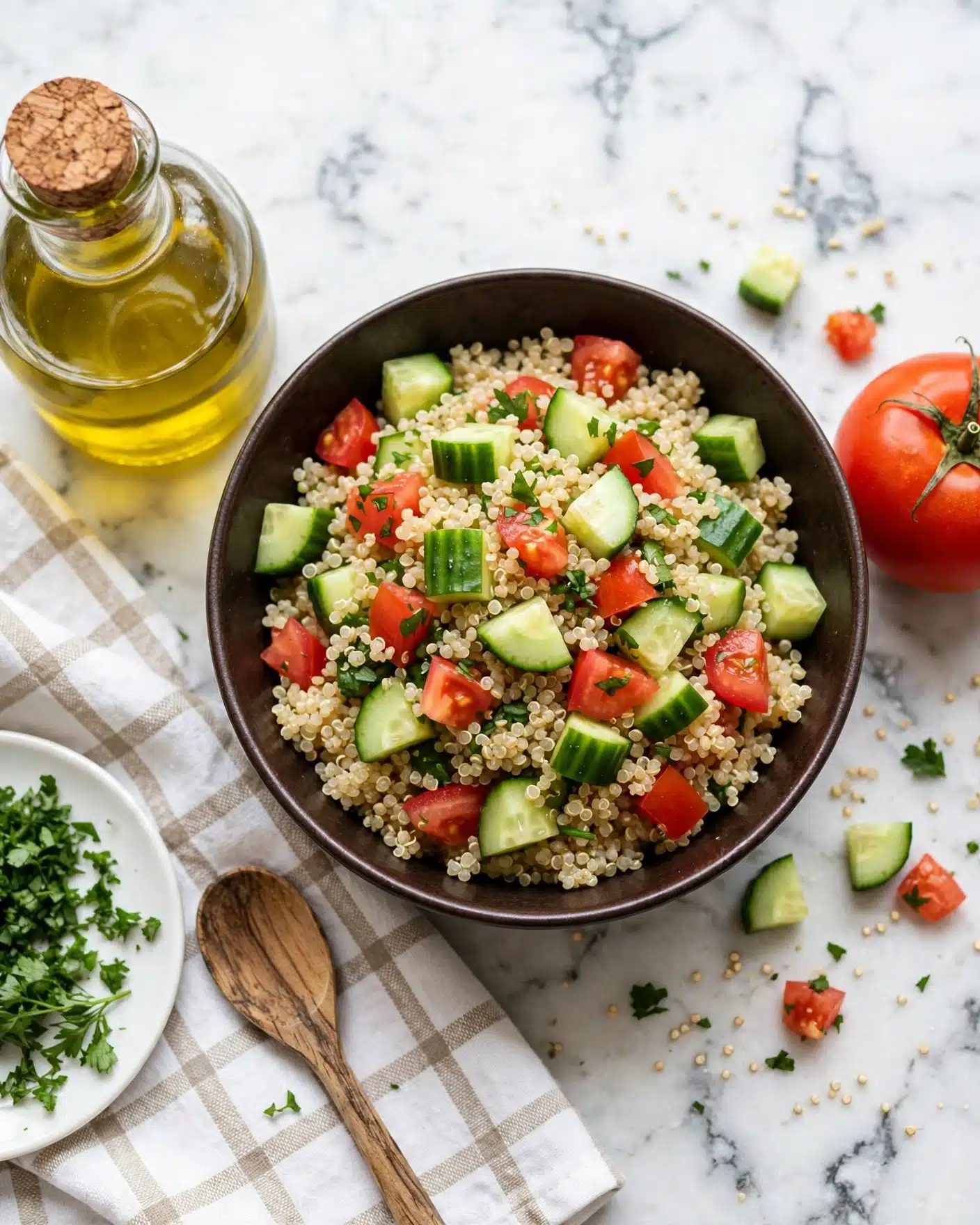 A close-up view of a quinoa salad in a dark matte bowl, showing three main layers: the textured light beige quinoa grains, mixed with vibrant green chopped herbs and cucumber pieces scattered throughout, and bright red tomato chunks adding color contrast. Behind the bowl, there is a whole red tomato on a white marbled surface, along with a clear glass jar filled halfway with a golden yellow liquid, likely olive oil. The foreground has a soft focus white and gray textured cloth, enhancing the natural and fresh look of the dish. photo taken with an iphone --ar 4:5 --v 7