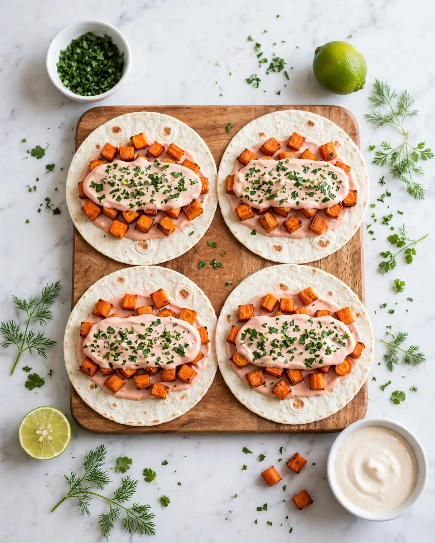 Four soft white tortillas are laid open on a wooden board. Each tortilla has three layers: the bottom layer is small orange cubed roasted vegetables, the middle layer is a smooth light pink sauce spread evenly, and the top layer is sprinkled chopped fresh green herbs. Around the board are small white bowls, one filled with chopped green herbs and another with a creamy sauce. A halved lime, whole green lime, and fresh green herbs are scattered on the white marbled surface. Photo taken with an iphone --ar 4:5 --v 7