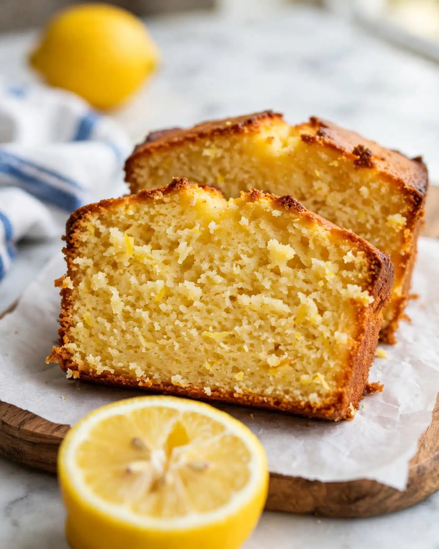Lemon Pound Cake with Lemon Glaze Recipe 5 A close-up view of two thick slices of golden yellow lemon cake with a slightly crispy brown crust on the top and edges, showing a moist, fine crumb texture inside. The slices sit on white parchment paper over a wooden board, with a bright yellow lemon cut in half placed in the foreground. In the blurry background, a whole yellow lemon and a white and blue striped cloth rest on a white marbled surface. Photo taken with an iphone --ar 4:5 --v 7