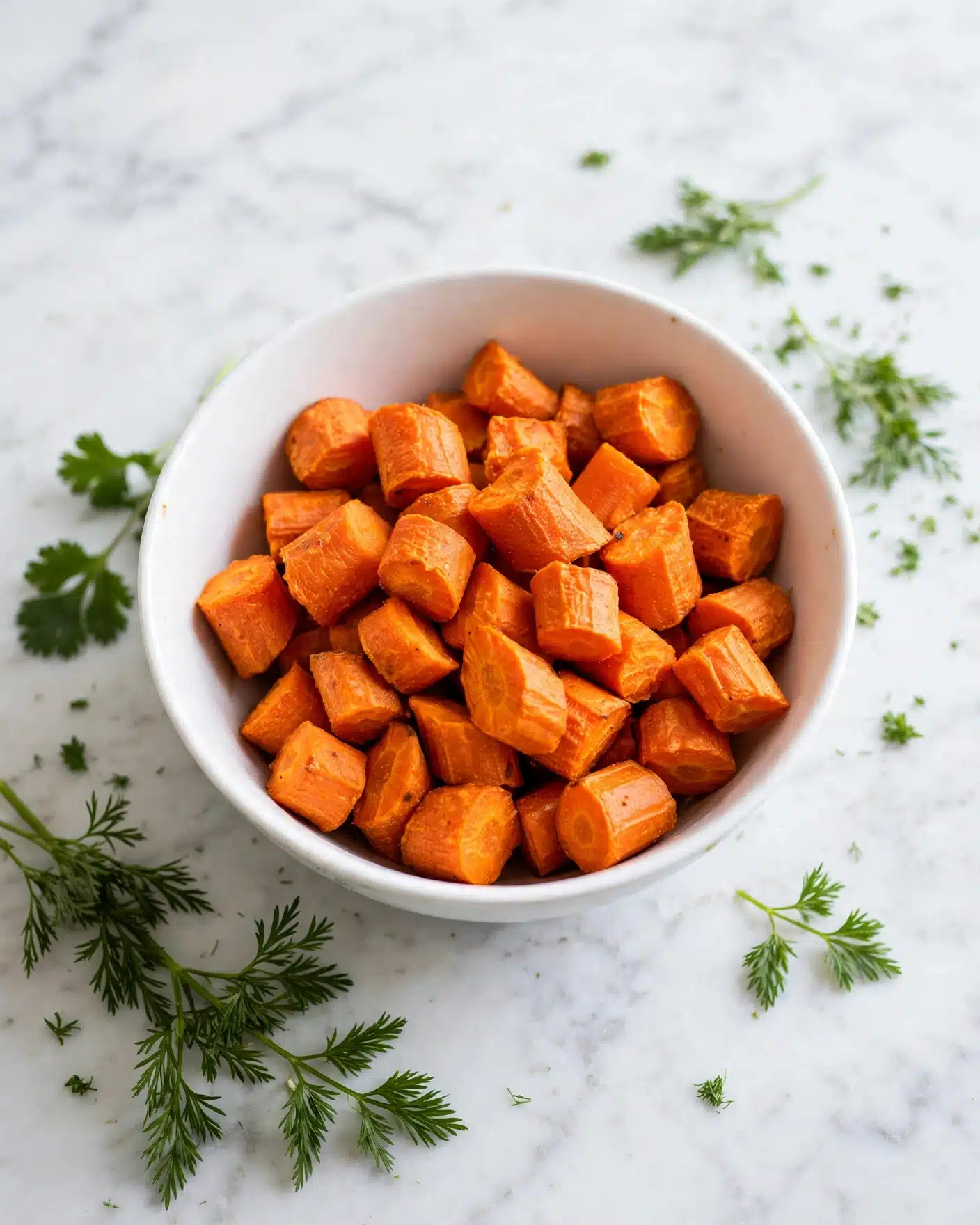 A white bowl filled with mid-sized, irregular orange vegetable chunks, likely carrots, sits centered on a white marbled surface. Green sprigs of herbs lie near the bowl on the surface, adding a fresh touch to the simple presentation. The bowl's smooth, clean, white interior contrasts with the bright orange pieces inside, making the colors stand out clearly. Photo taken with an iphone --ar 4:5 --v 7