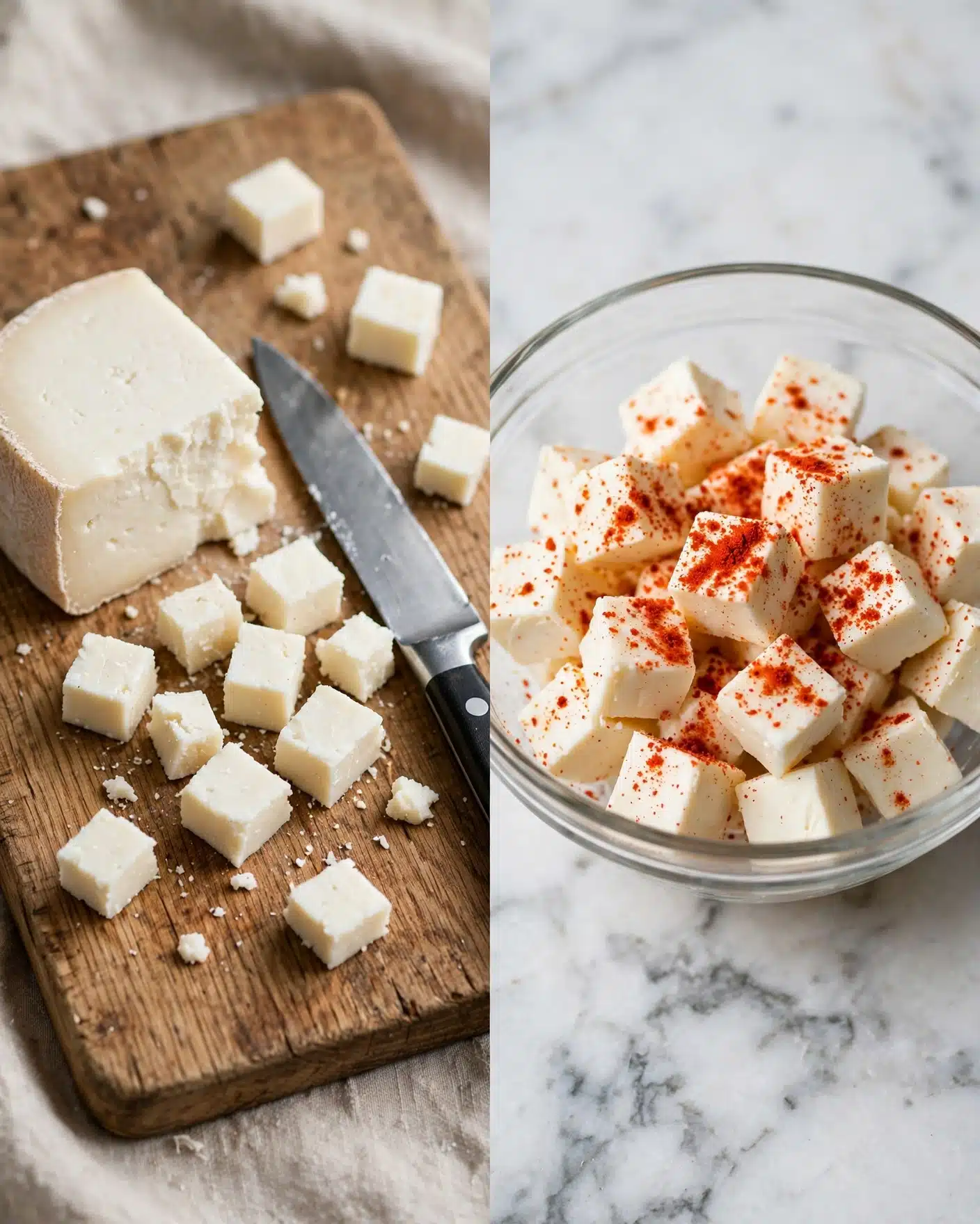 The image shows two parts: on the left is a wooden board with a white block of cheese and small white cheese pieces cut in rough squares around a silver knife with a black handle; on the right is a clear glass bowl filled with white cheese cubes sprinkled with red paprika powder, placed on a white marbled surface. photo taken with an iphone --ar 4:5 --v 7