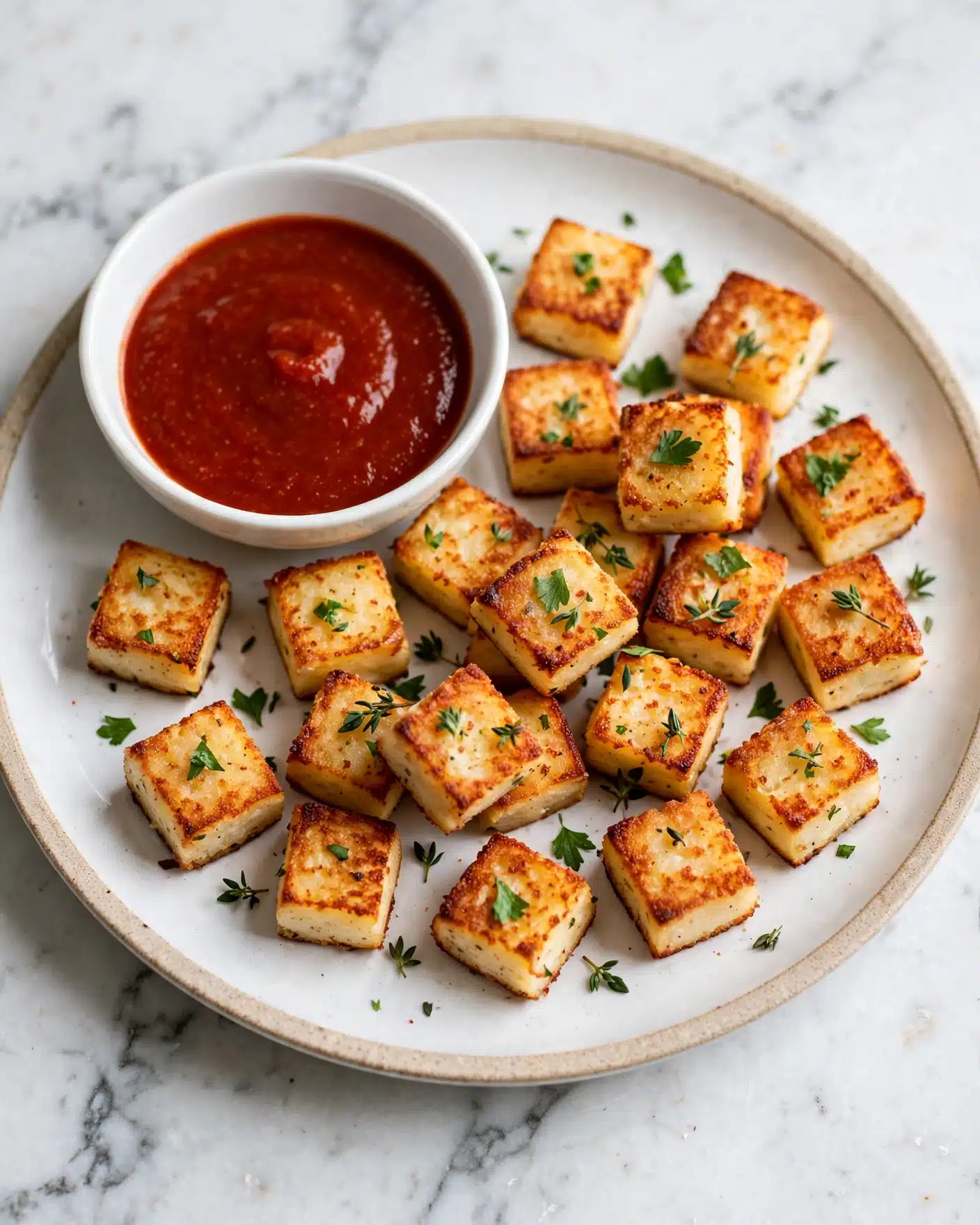 The image shows a white plate with a beige rim on a white marbled surface. On the plate, there are many small, golden-brown grilled cheese cubes with crispy edges scattered around. Some fresh green herbs are sprinkled over the cheese pieces. On the top left side of the plate, there is a small round white bowl filled with a rich red dipping sauce. The colors are warm and inviting, and the textures of the crispy cheese pieces contrast with the smooth sauce. photo taken with an iphone --ar 4:5 --v 7