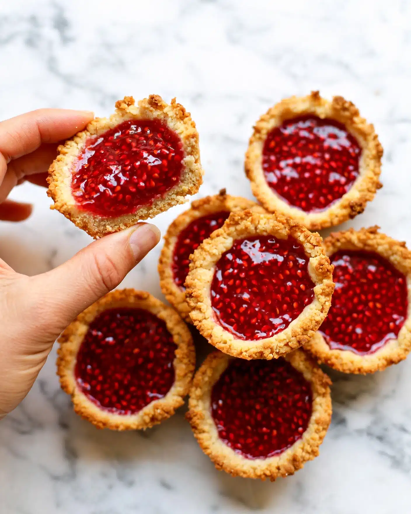 The image shows several small tartlets with two layers: a thick, golden-brown, crumbly crust on the bottom and sides, and a shiny, bright red raspberry filling on top filled with tiny raspberry seeds. One tartlet is held by a woman's hand, tilted to show the crust and filling clearly. The tartlets are placed closely together on a white marbled surface. The overall look is fresh and inviting with the deep red filling contrasting the light crust photo taken with an iphone --ar 4:5 --v 7
