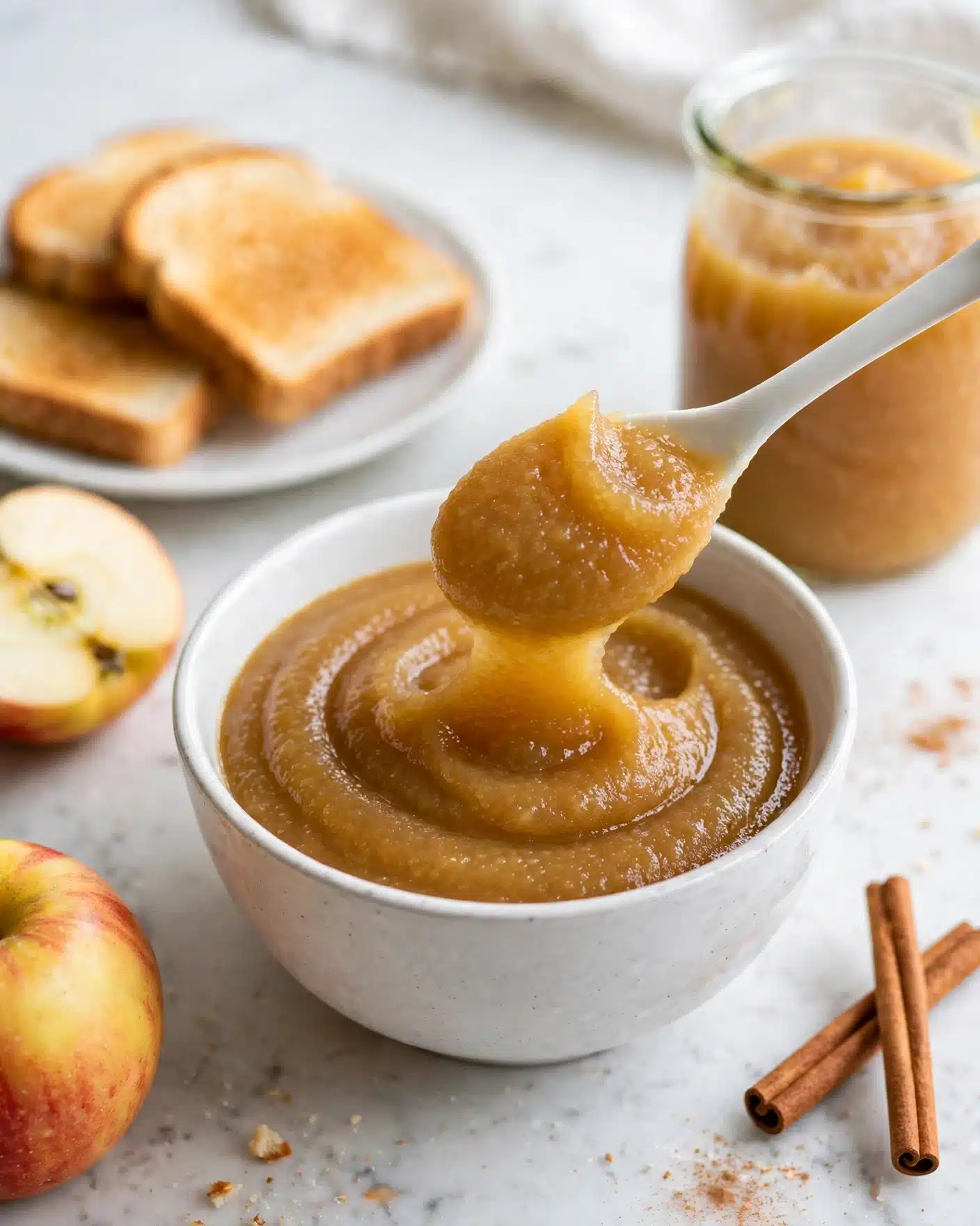 Vegan Apple Butter Recipe 5 A small white bowl filled with a thick, smooth, golden-brown applesauce with visible swirl textures on the surface; a white spoon is dipped into the applesauce, lifting some of it, near the center of the bowl. Surrounding the bowl in the blurred background are slices of light brown toast on a white plate, a glass jar full of the same applesauce, a halved and whole yellow-red apple, and two cinnamon sticks on a white marbled surface. The colors are warm and inviting, and the lighting is bright, highlighting the glossy texture of the applesauce. Photo taken with an iphone --ar 4:5 --v 7