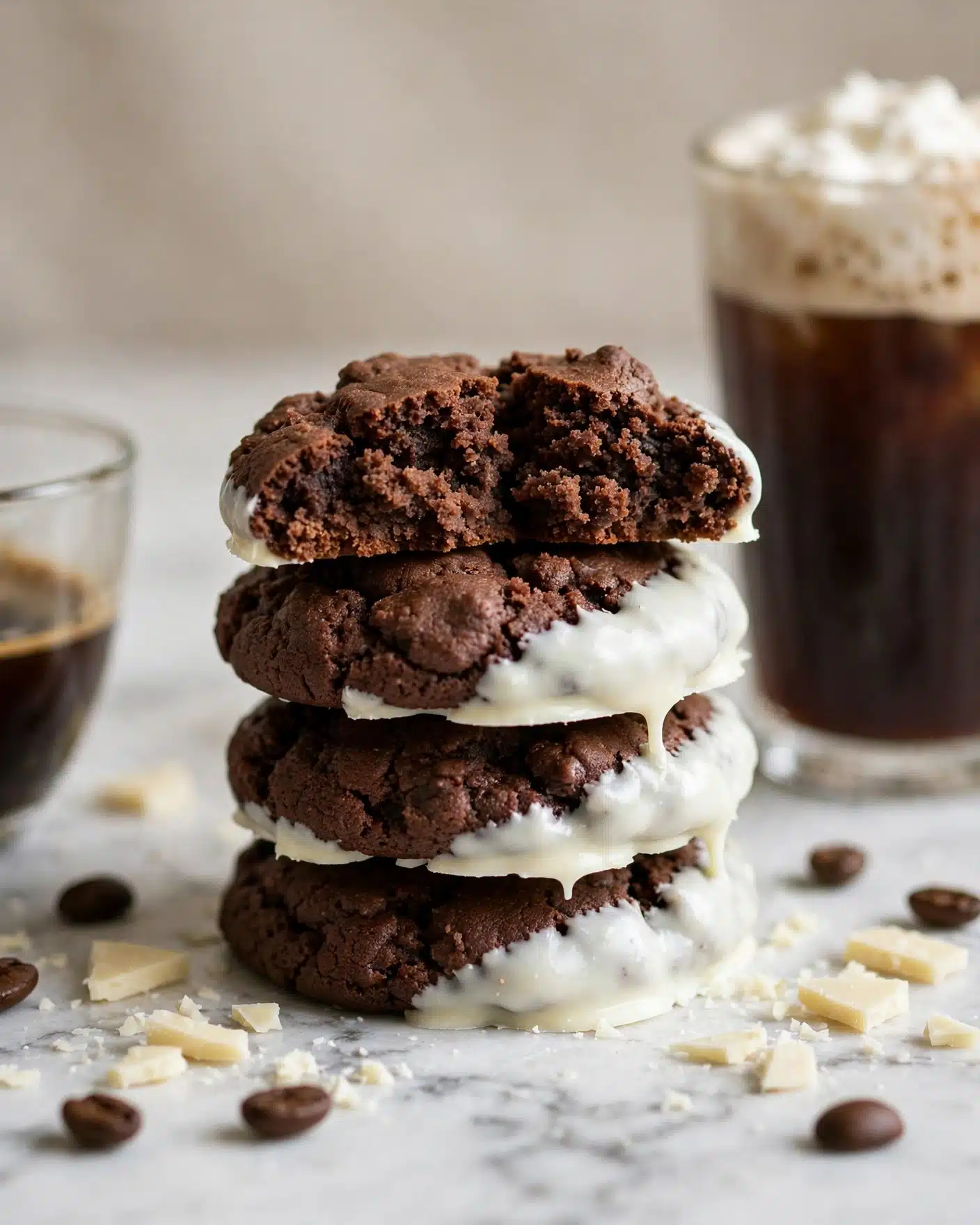Espresso Martini Cookies Recipe 5 A stack of four dark brown chocolate cookies is centered on a white marbled surface, with the top cookie split in half showing its soft and crumbly inside. The cookies are partially dipped in smooth white chocolate that creates a glossy contrast on the edges. Coffee beans and white chocolate shards are scattered around the stack. In the background to the right, there is a tall glass filled with a dark drink topped with frothy cream. On the left, part of a clear coffee cup with a dark espresso drink is visible. The scene has a soft, warm light with a neutral beige backdrop. photo taken with an iphone --ar 4:5 --v 7