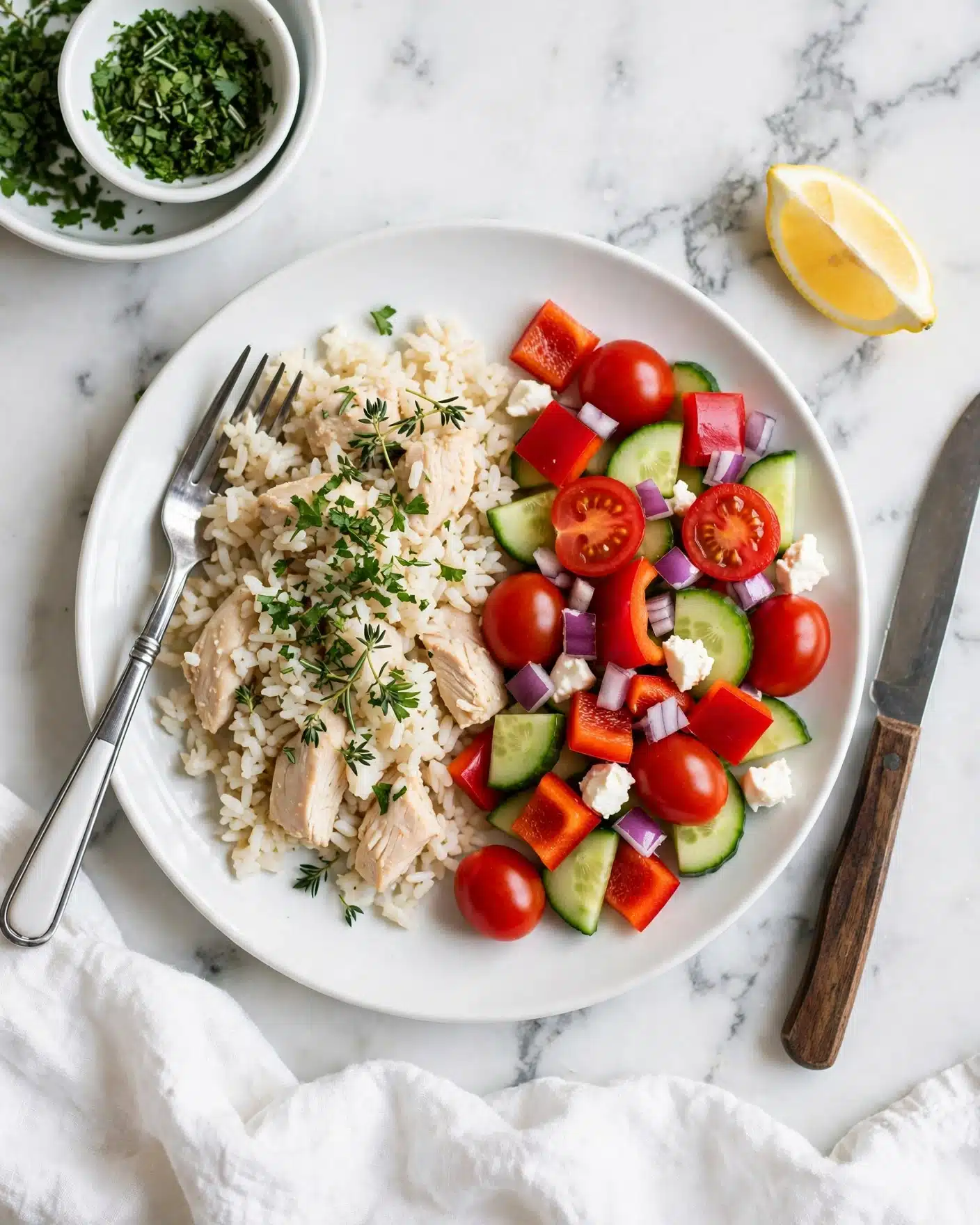Greek Instant Pot Chicken and Rice Recipe 5 A white plate on a white marbled surface holds a serving of white rice mixed with small pieces of light beige cooked chicken on the left side, topped with chopped green herbs. On the right side, a colorful salad contains bright red cherry tomatoes, chunks of red bell pepper, slices of green cucumber, diced purple onion, and small white pieces of cheese. A fork with a silver handle rests on the rice while a knife with a dark wooden handle lies on the right side of the plate. A lemon wedge sits near the top right edge of the plate, and a small white bowl with chopped green herbs is placed in the upper left corner. A white textured cloth is partially visible at the bottom. Photo taken with an iphone --ar 4:5 --v 7