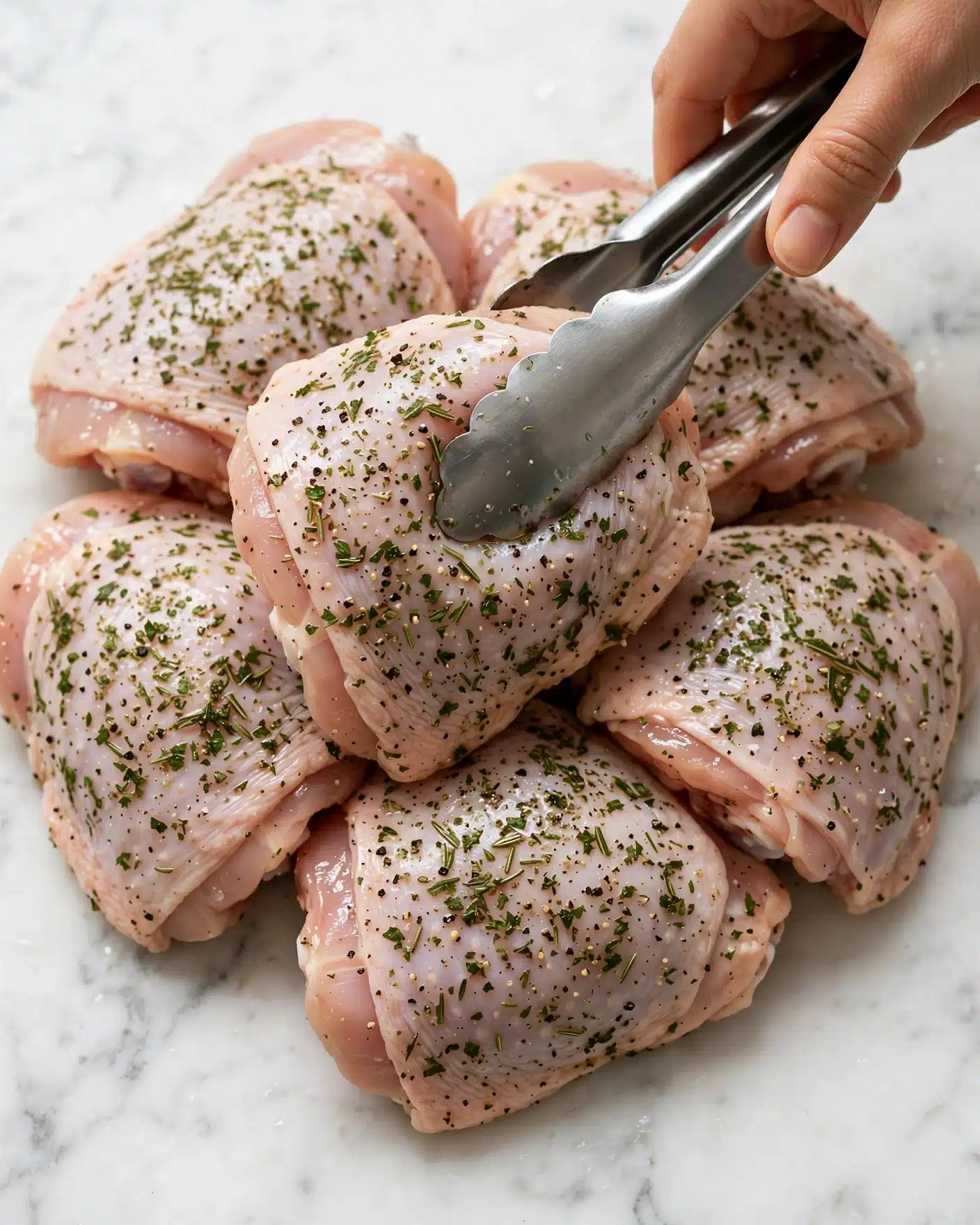 Balsamic Glazed Caprese Chicken Recipe 3 The image shows raw chicken thighs arranged closely on a white marbled surface. Each thigh is coated with a layer of herbs and spices, mostly green and black specks evenly spread on the pale pink skin. A silver tong held by a woman's hand is picking up one piece from the pile. The texture of the chicken skin looks smooth and moist, with the green seasoning adding a rougher texture on top. photo taken with an iphone --ar 4:5 --v 7