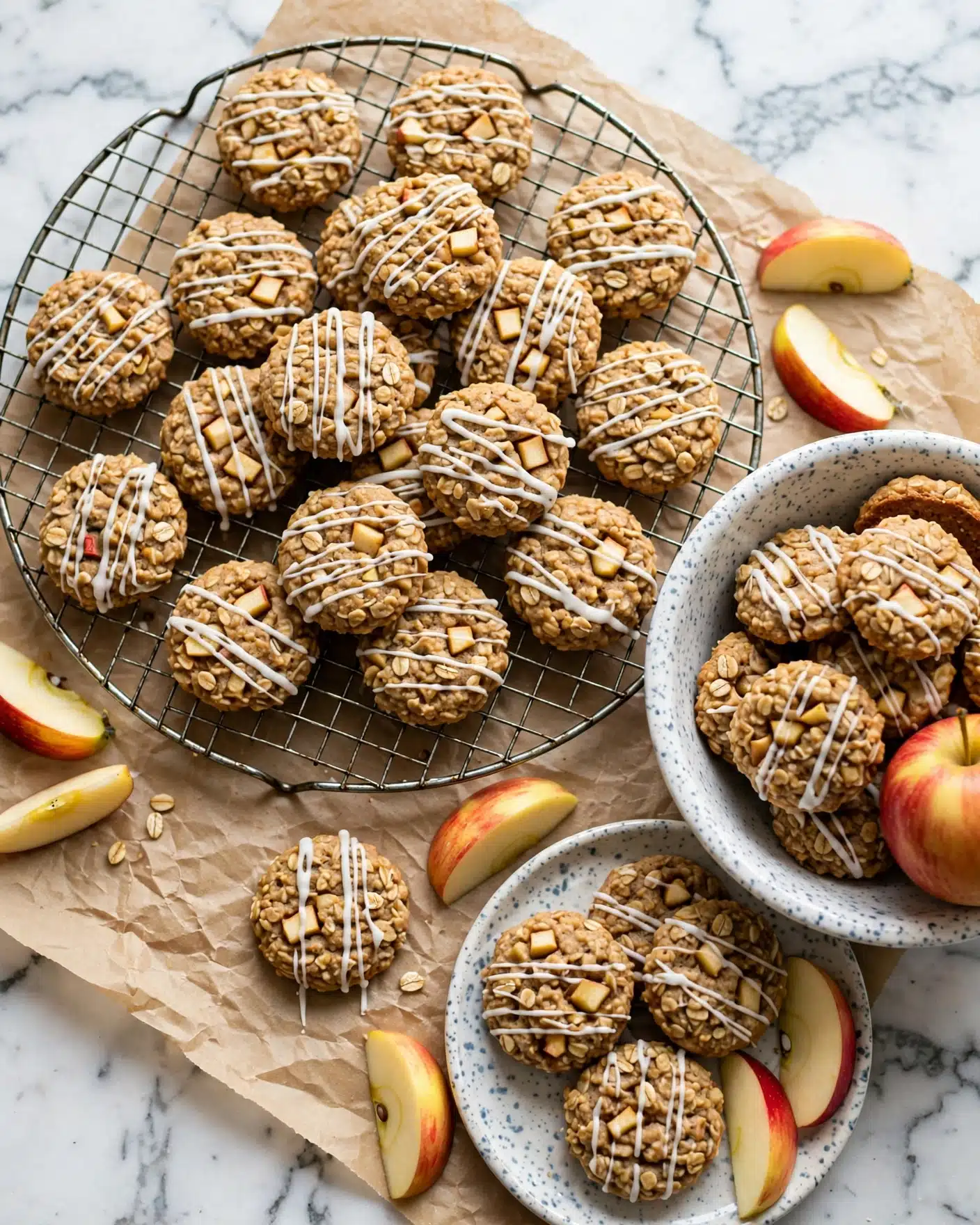 Apple Cinnamon Oatmeal Cookies Recipe 5 A round metal cooling rack holds about twenty small, round oatmeal cookies with visible small apple chunks mixed inside. Each cookie is drizzled with white icing that forms thin lines across the top. Scattered among the cookies are fresh apple slices with red and yellow skin, adding color contrast. Nearby, a white bowl and plates with a speckled pattern contain more cookies and an apple. All items rest on a light brown paper-like surface, which sits on a white marbled background. photo taken with an iphone --ar 4:5 --v 7