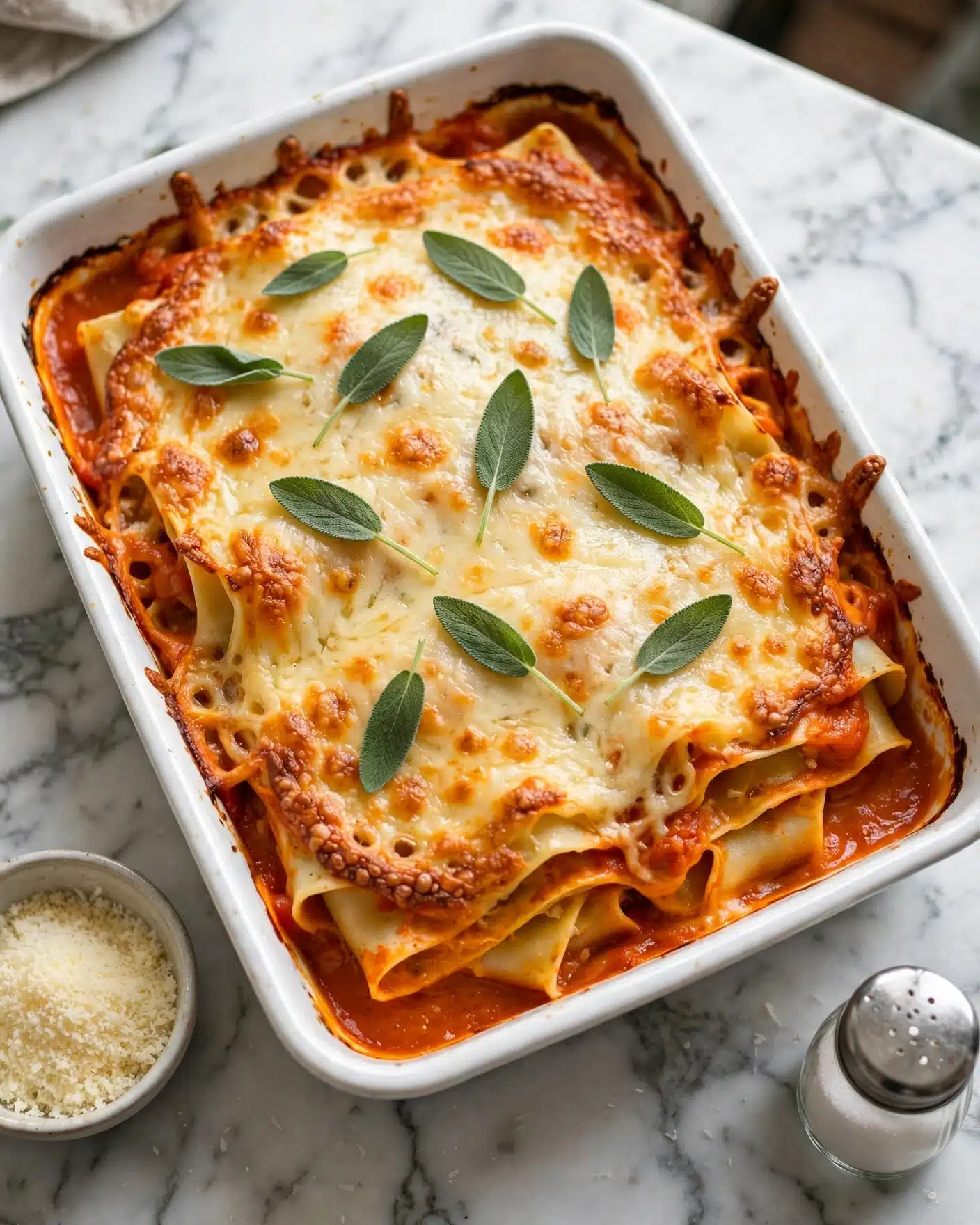 Vegetarian Pumpkin Spinach Lasagna Recipe 5 A white rectangular dish holds a layered baked dish with a golden brown top layer of melted cheese that is slightly bubbly and browned at the edges. Beneath the cheese are soft, folded layers of pasta sheets, visible through the melted cheese, covered in a rich orange-red sauce that touches the dish’s sides. Fresh green sage leaves are evenly scattered on top, adding a pop of color and texture contrast to the creamy cheese. The dish sits on a white marbled surface with small bowls of grated cheese and salt shaker nearby. photo taken with an iphone --ar 4:5 --v 7