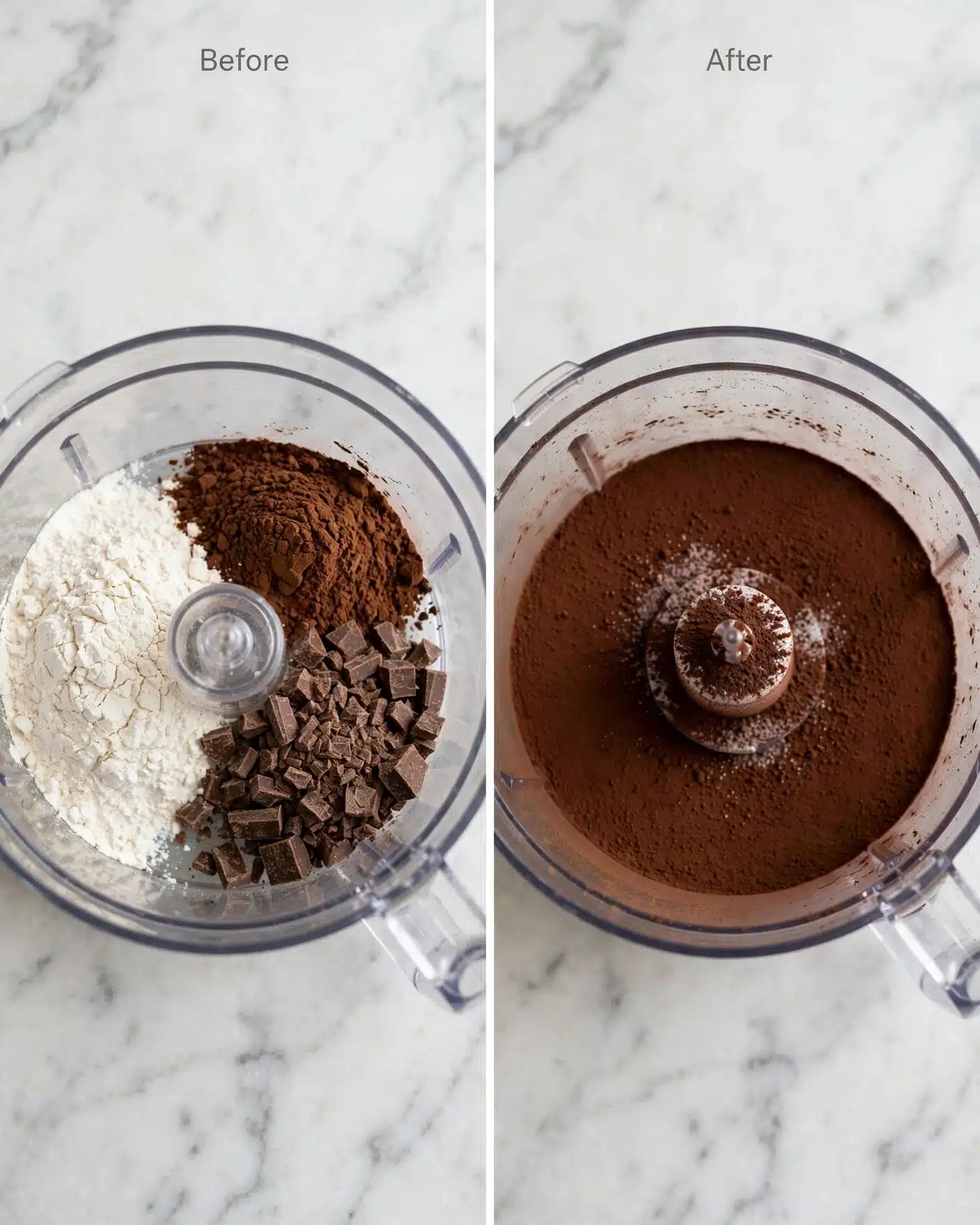 The image shows a clear food processor bowl on a white marbled surface, filled with three separate layers of dry ingredients: white flour on the left, dark brown cocoa powder on the top right, and medium brown chopped chocolate pieces on the bottom right; the second part of the image shows the same bowl after the ingredients have been ground together into a smooth, even, dark brown powder covering the entire inside of the bowl with some powdered residue on the spindle photo taken with an iphone --ar 4:5 --v 7