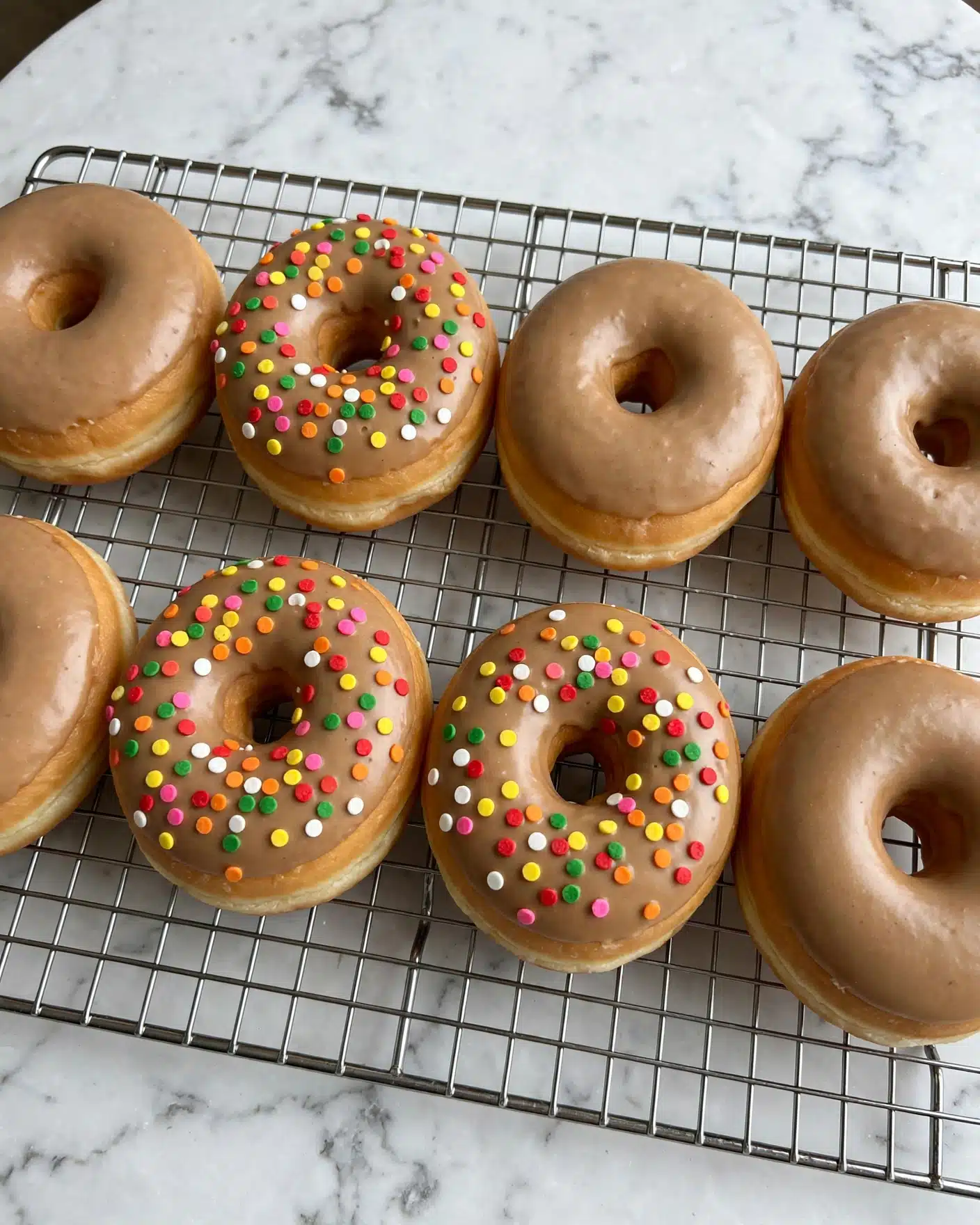 Eight round donuts sit on a metal wire cooling rack over a white marbled surface. Each donut has a smooth, light brown glaze layer covering the top, with three of the donuts decorated with small, colorful round sprinkles in red, yellow, green, orange, pink, and white evenly spread over the glaze. The donuts are soft and fluffy, with a small hole in the middle, showing their light golden brown sides. The rack is arranged neatly, holding the donuts in two rows of four. Photo taken with an iphone --ar 4:5 --v 7
