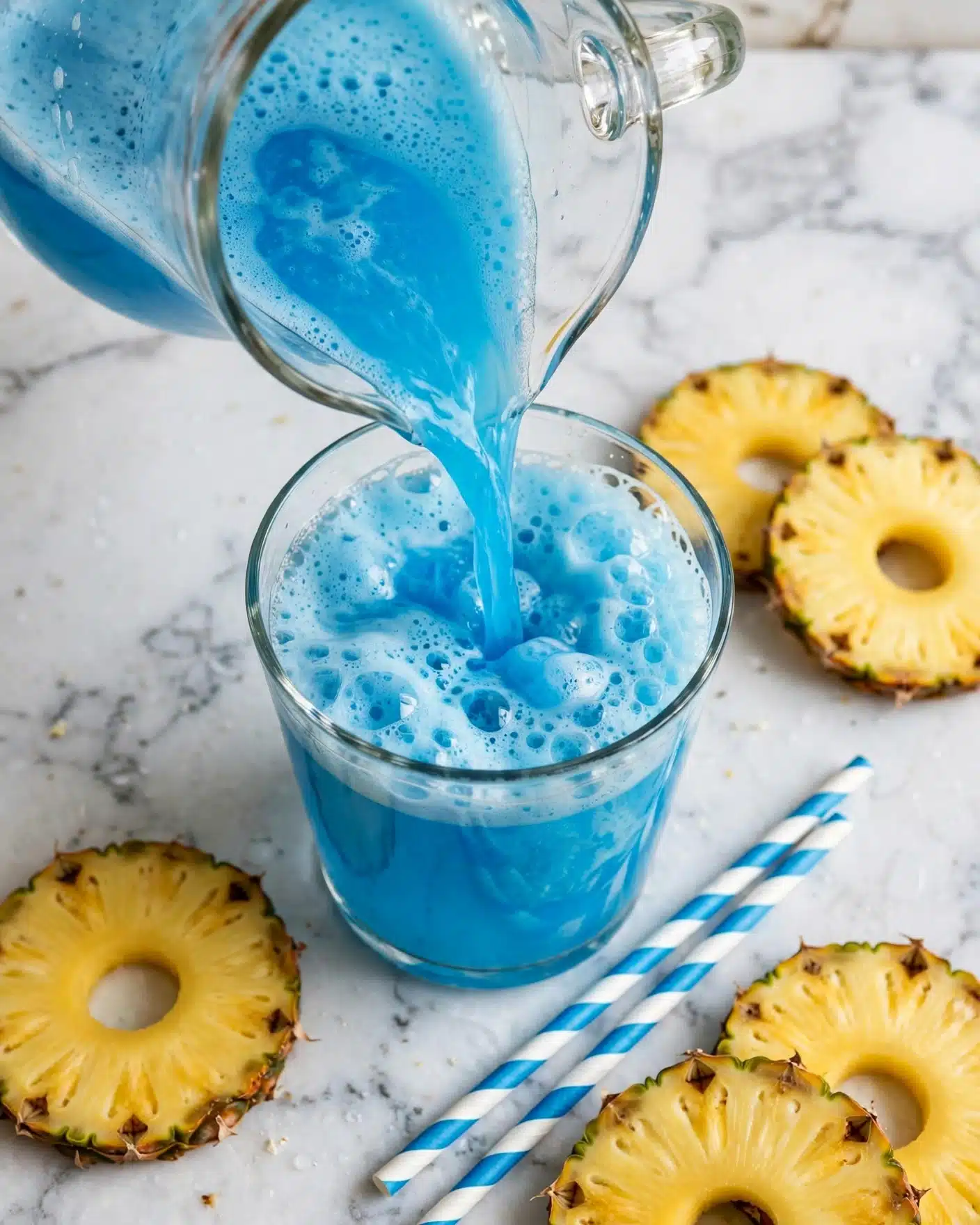Blue Milk (Star Wars Inspired!) Recipe 5 A clear glass filled with bright blue foamy liquid being poured from a clear pitcher, with the foam forming bubbles and swirls on top; around the glass are fresh yellow pineapple slices with brown edges on a white marbled surface, and two blue and white striped paper straws lie nearby. photo taken with an iphone --ar 4:5 --v 7