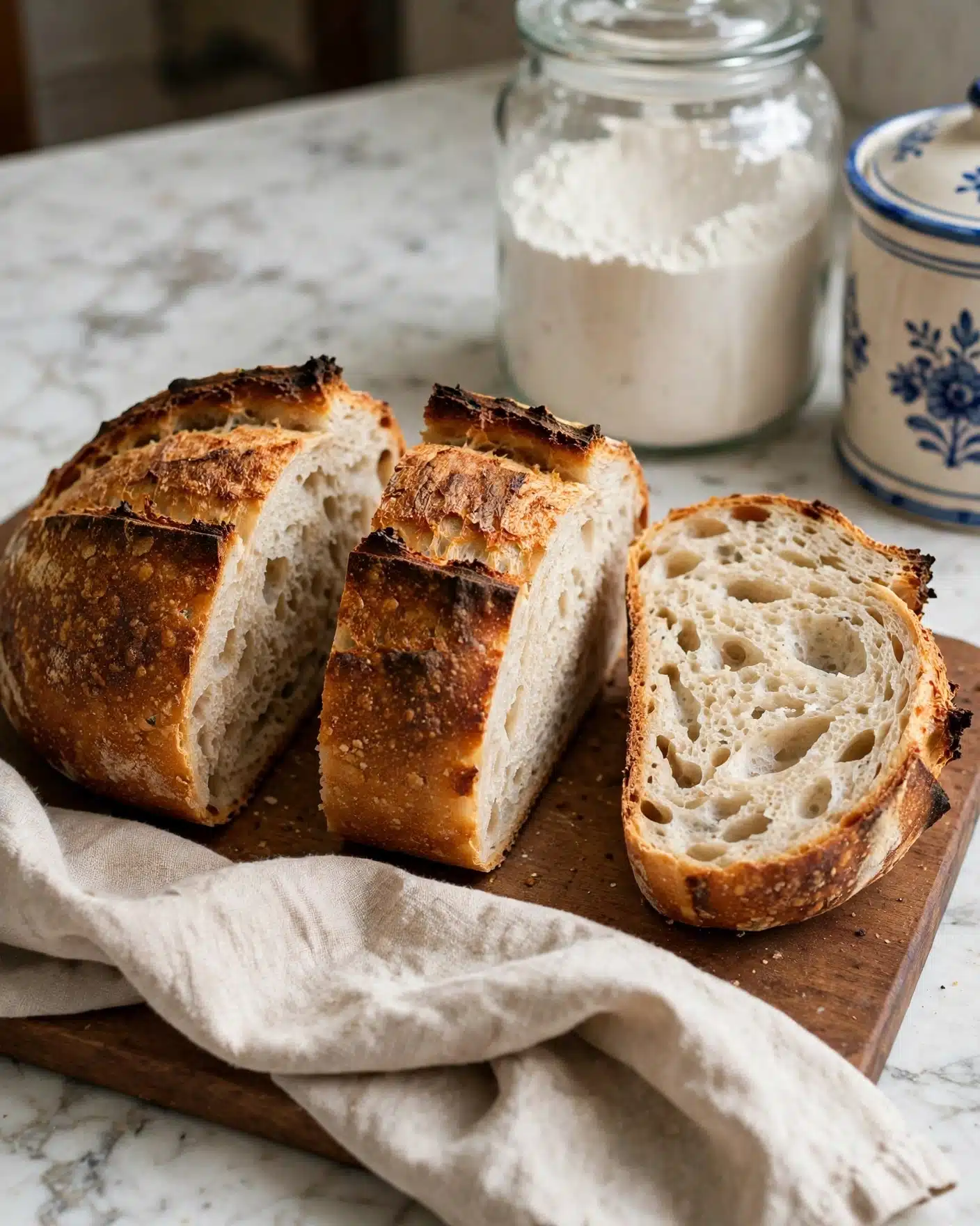 The image shows a loaf of bread sliced into three pieces placed on a brown wooden board. The loaf has a thick, golden-brown crust with some darker, crisp edges, while the inside is soft and light beige with large, uneven holes. In front of the bread, there is a beige cloth loosely folded on the wooden board. In the background, there is a large clear jar filled with white flour and a cream-colored container with blue details. The scene is set on a white marbled surface. Photo taken with an iphone --ar 4:5 --v 7