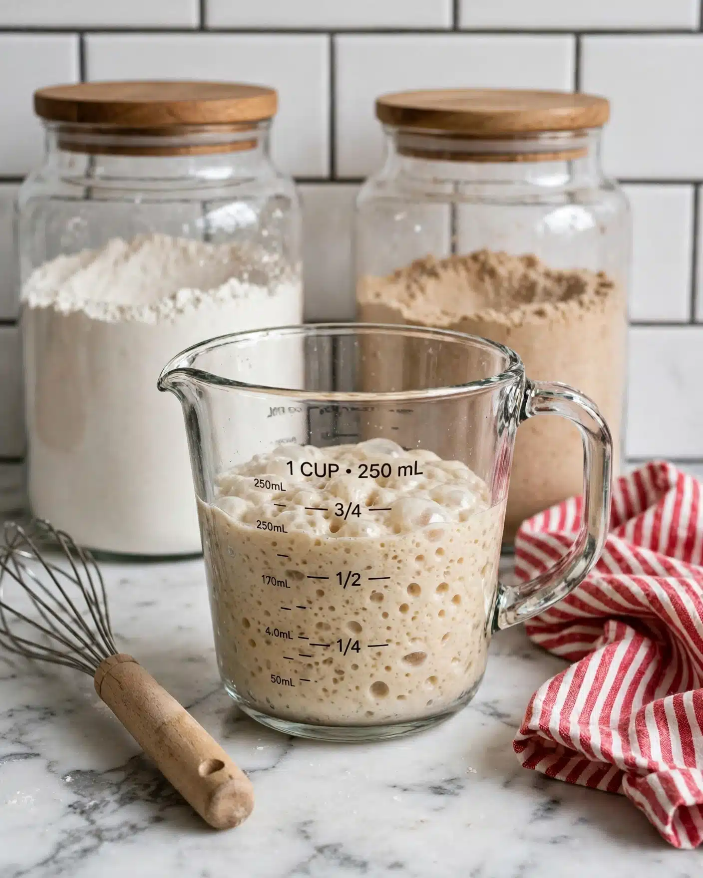 A clear glass measuring cup with a handle is filled halfway with a bubbly, light beige dough mixture. The measuring cup sits on a white marbled surface. Behind it, there are two large glass jars with wooden lids filled with white and light brown powdery ingredients. To the right of the measuring cup, there is a red and white striped cloth partially folded and lying on the marble surface. To the left, a whisk with a light wooden handle rests on the countertop. The background features white subway tiles with dark grout. Photo taken with an iphone --ar 4:5 --v 7