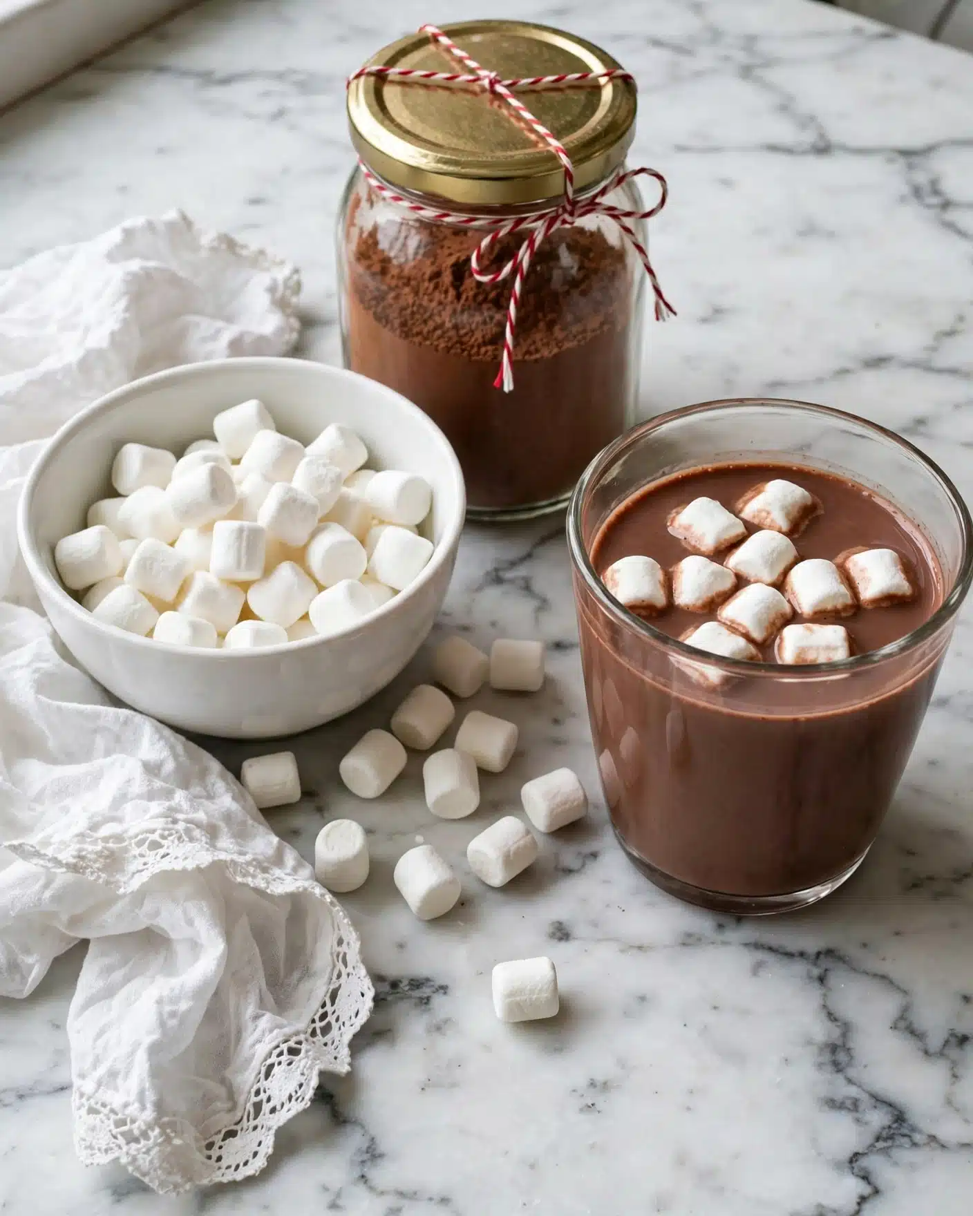 A clear glass cup filled with rich brown hot chocolate topped with small white marshmallows floating on the surface. To the left, a white bowl holds a pile of small white marshmallows, some spilling onto the white marbled surface. Behind the bowl, there is a glass jar with a gold lid tied with red and white string, filled with cocoa powder. A white cloth with delicate lace edges lies crumpled nearby, all placed on a white marbled texture background. photo taken with an iphone --ar 4:5 --v 7