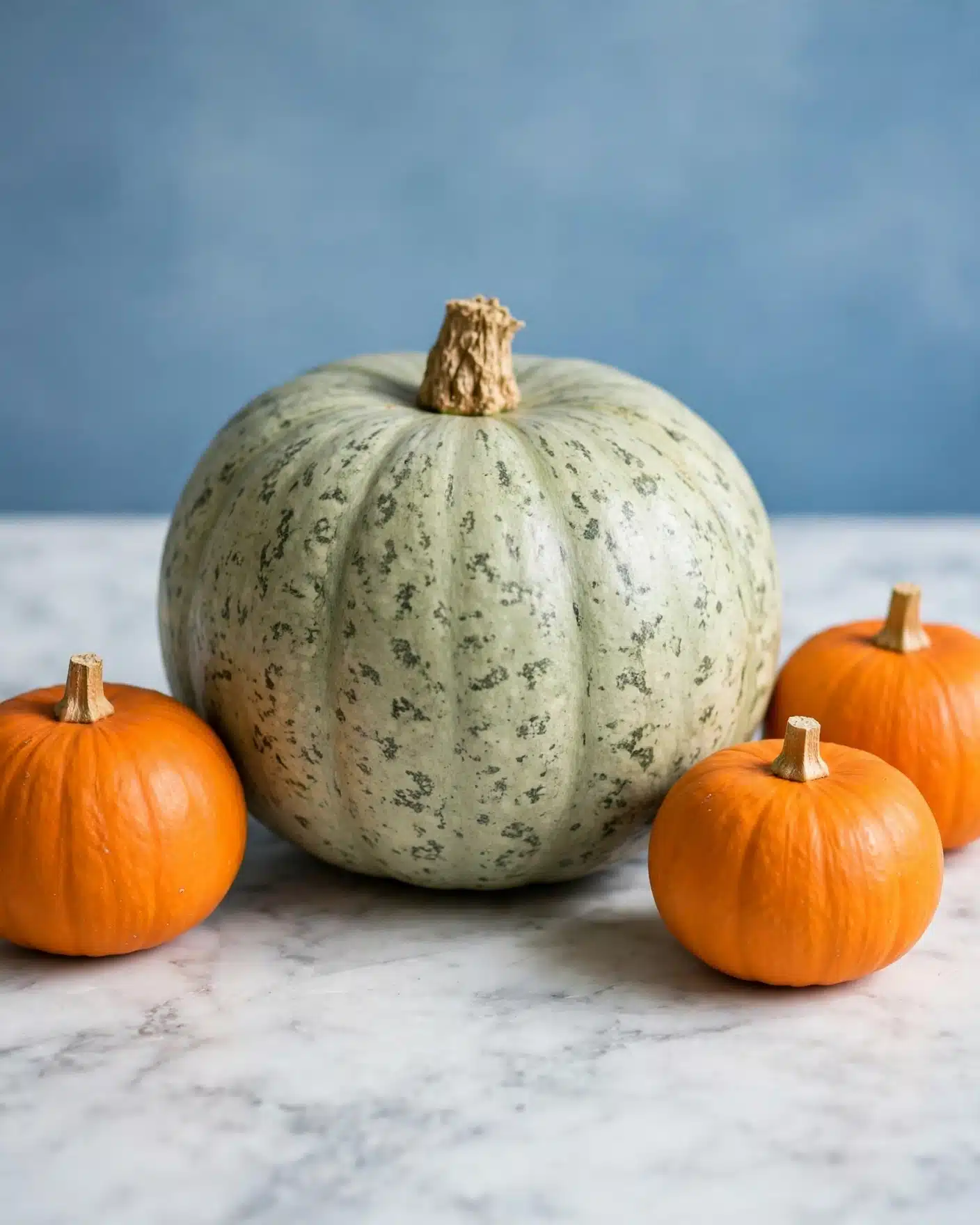 Pumpkin Crunch Cake with Caramelized Walnuts and White Chocolate Cream Cheese Frosting Recipe 3 The image shows four pumpkins placed on a white marbled surface with a blue background. The biggest pumpkin is in the middle, round and pale green with dark speckles and a short, rough, light brown stem on top. Surrounding it are three smaller pumpkins, all bright orange with smooth textured skin and short, light brown stems. One smaller pumpkin is on the left side, close to the big green pumpkin, and two are on the right side, one slightly behind the other. The lighting highlights the smooth textures and round shapes clearly. photo taken with an iphone --ar 4:5 --v 7