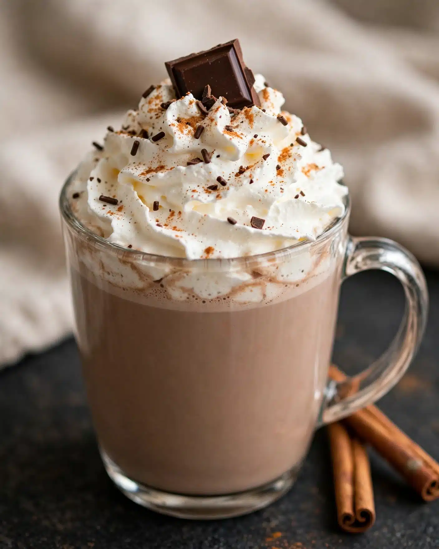 A clear glass mug filled with a light brown hot chocolate drink with a smooth and creamy texture forms the base layer. On top, there is a large swirl of white whipped cream with soft, airy peaks covering the drink. The whipped cream is sprinkled with small grated pieces of dark chocolate and a dusting of cinnamon powder, adding specks of dark brown and orange. A slightly broken square piece of dark chocolate rests on the very top center of the whipped cream. The mug sits on a dark surface with cinnamon sticks beside it, and the background has a soft, blurred, beige cloth. photo taken with an iphone --ar 4:5 --v 7